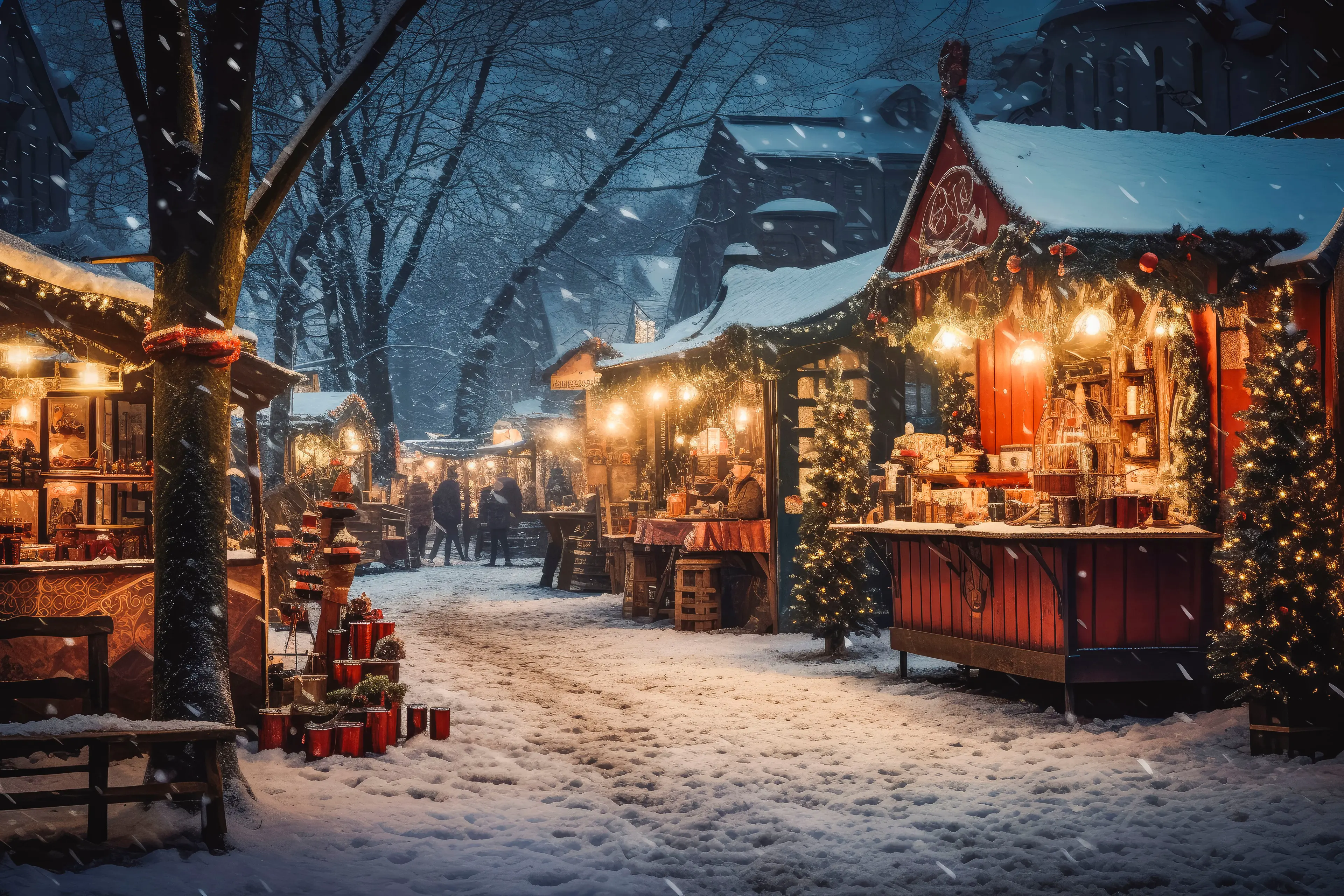 People enjoying a Christmas market in snowy weather