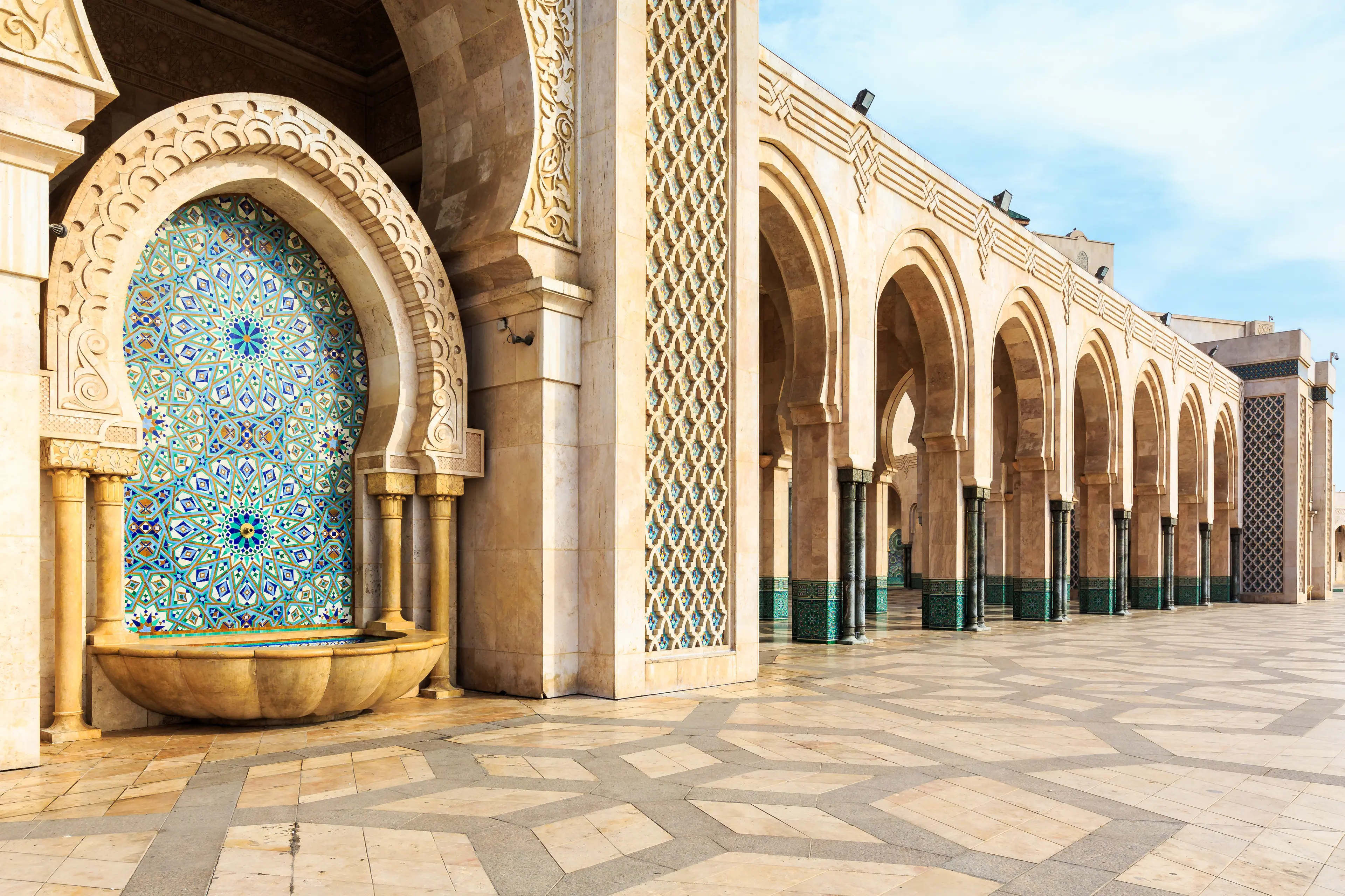 Close-up of a fountain at the Hassan II mosque
