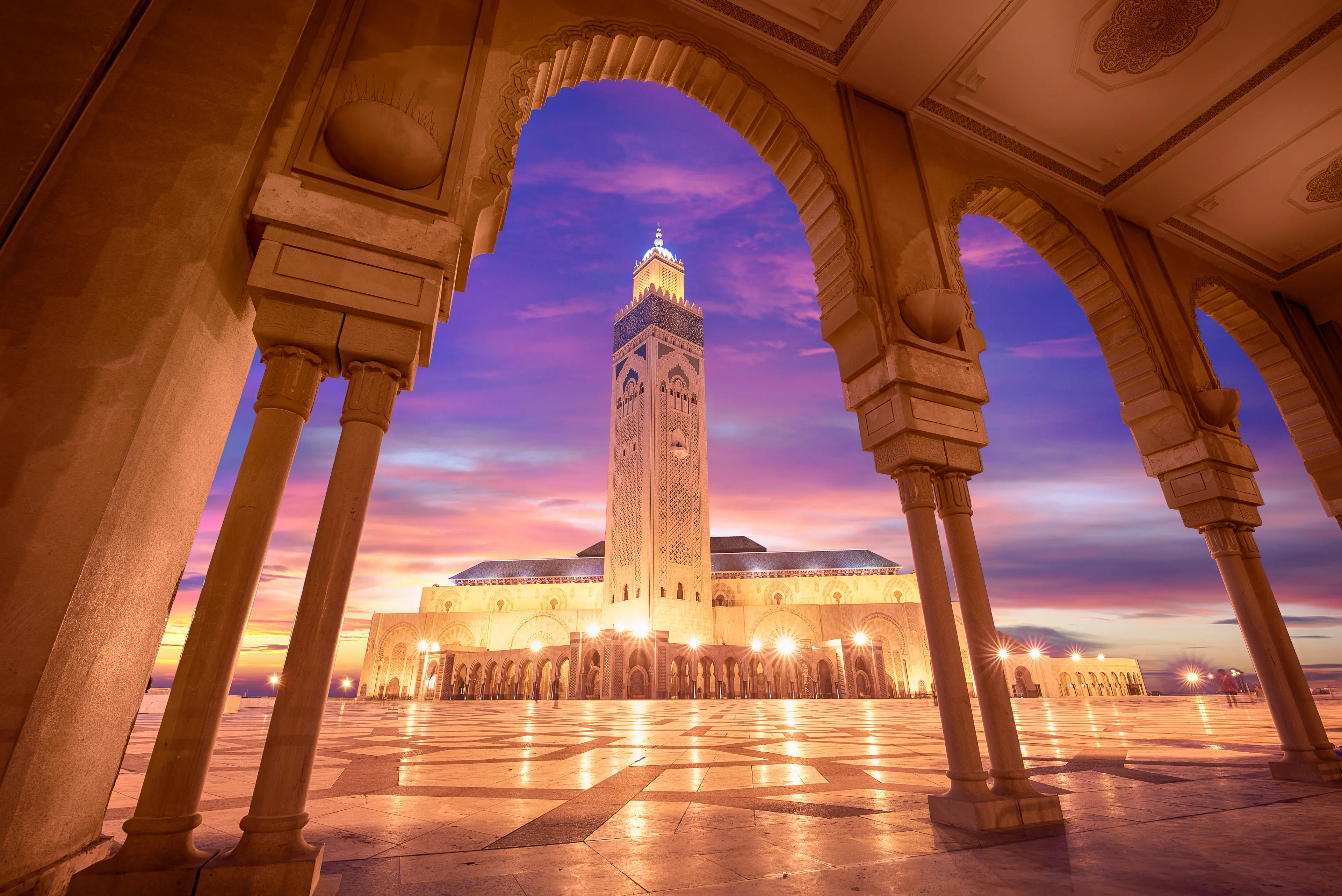 Hassan II mosque at sunset
