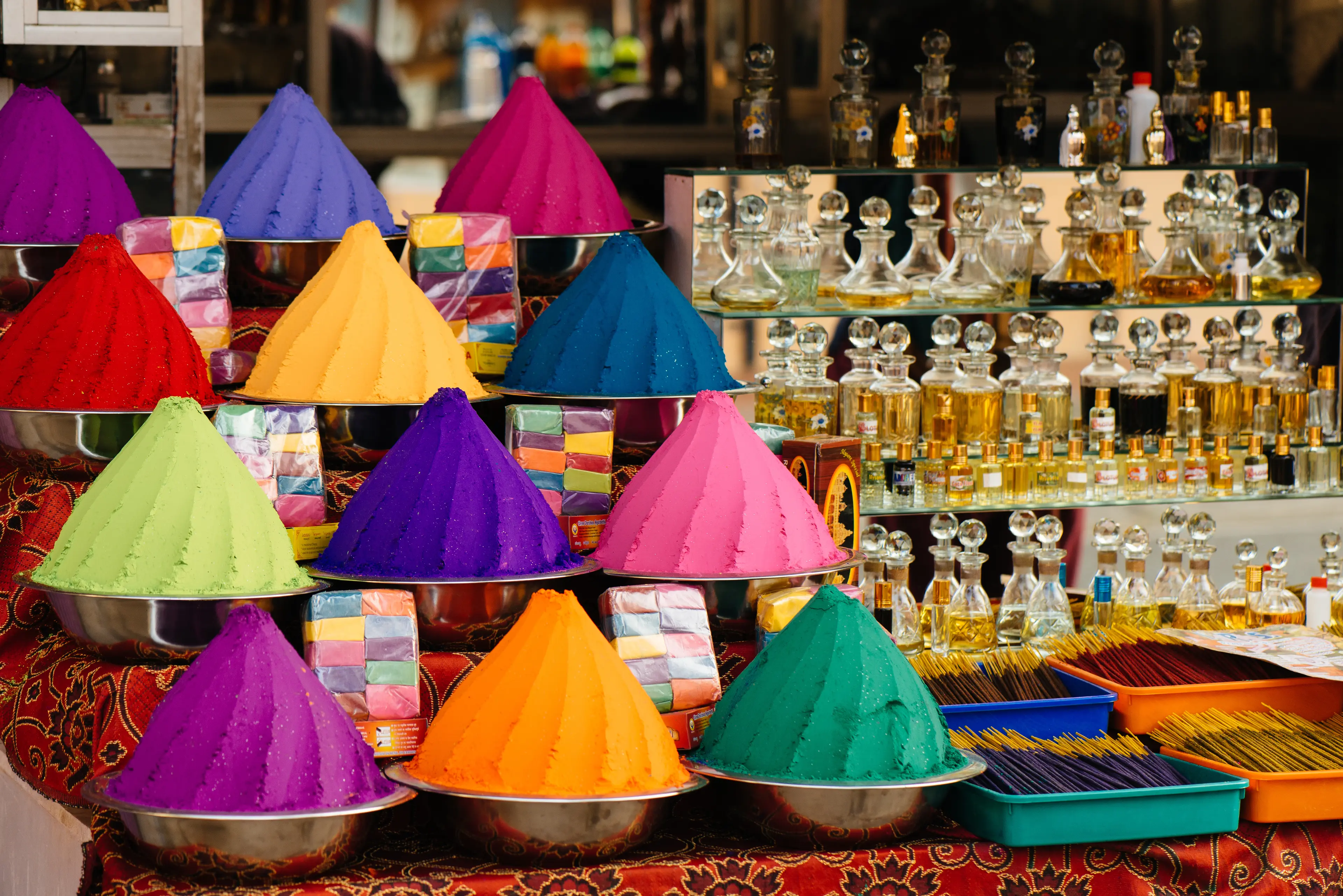 Colorful powders on display for Holi season Colorful powders on display for Holi season