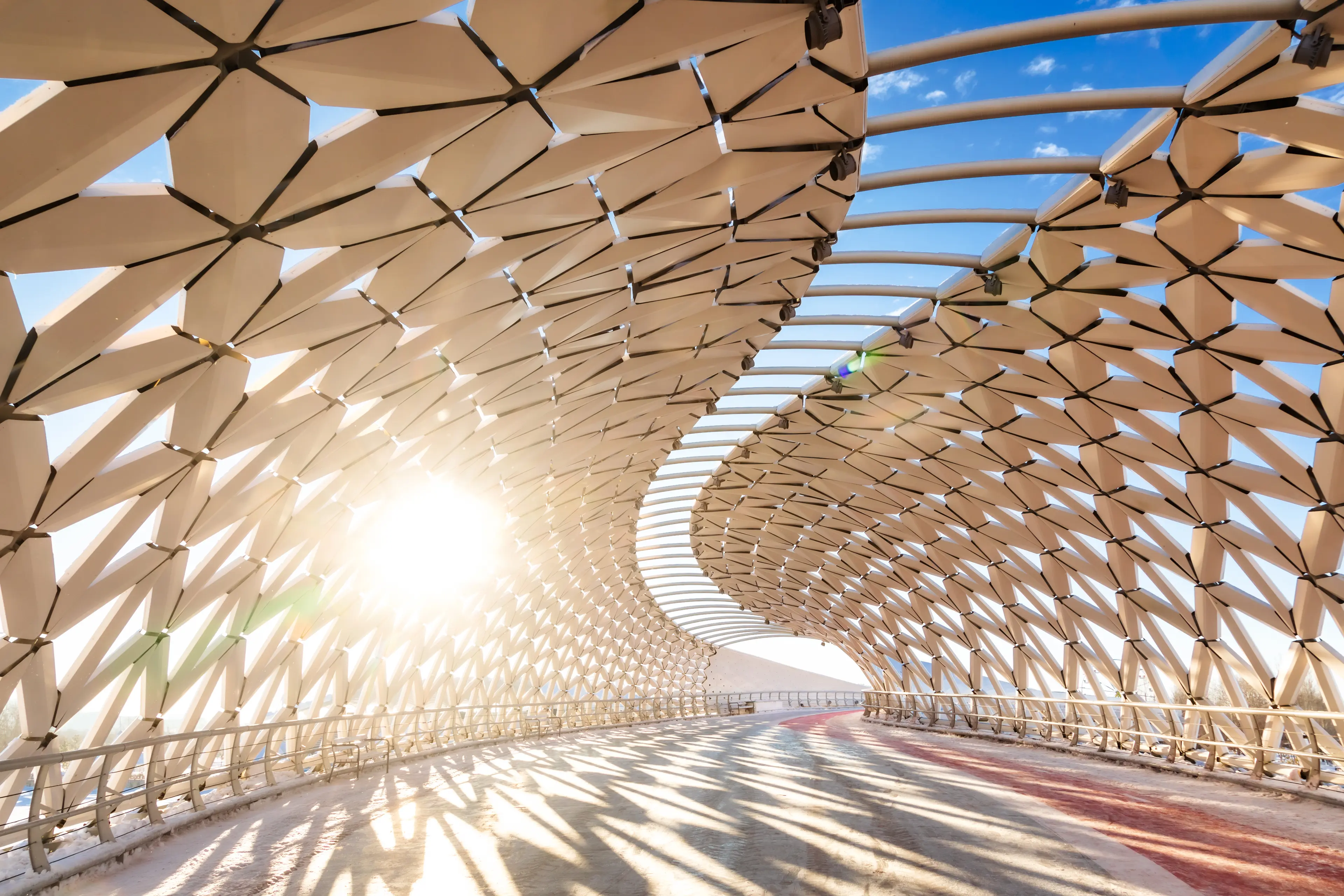 Interior of Atyrau Bridge, a contemporary pedestrian bridge over Ishim river Interior of Atyrau Bridge, a contemporary pedestrian bridge over Ishim river