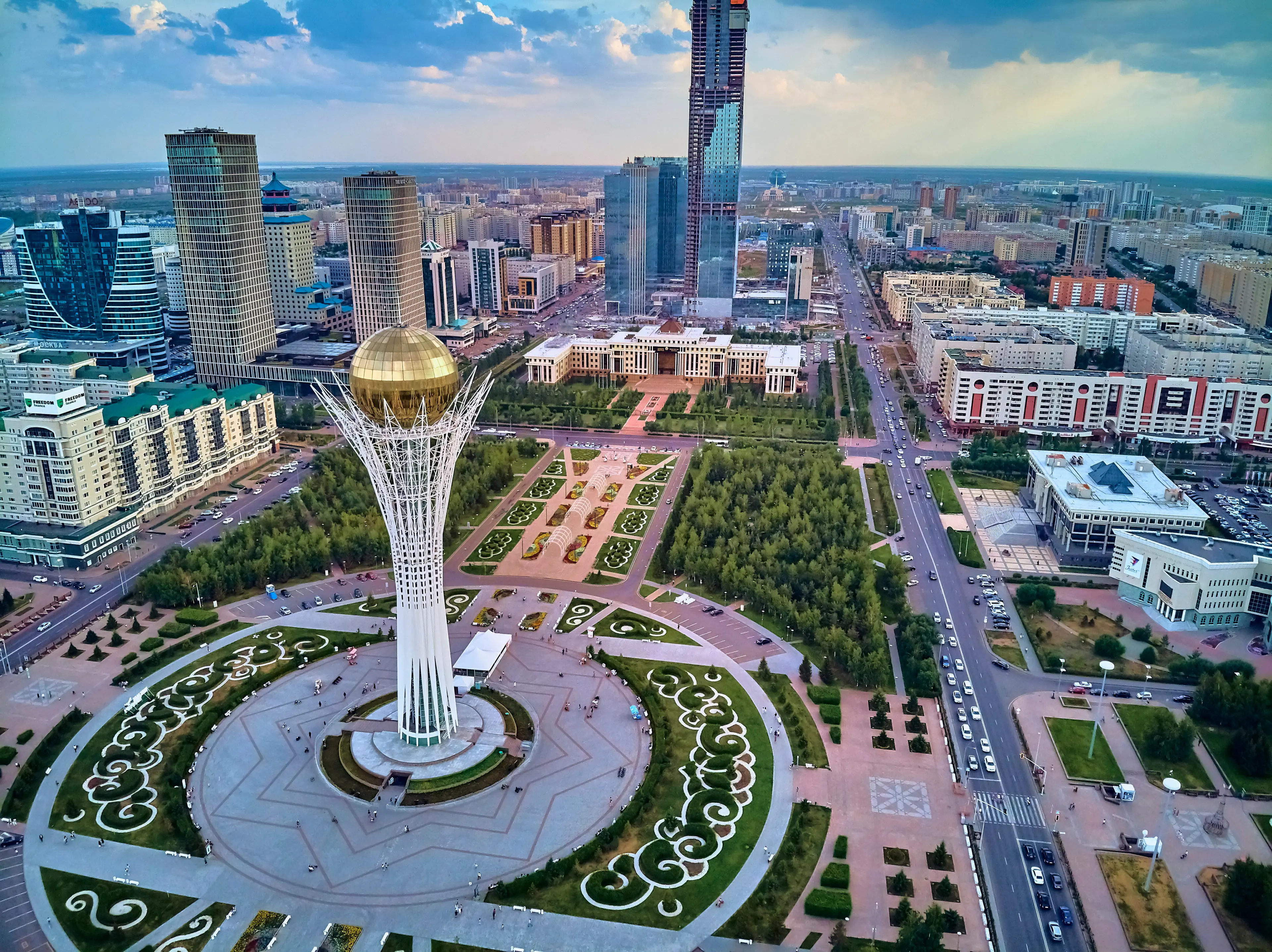 City center with skyscrapers and Baiterek Tower, symbol of Kazakh people