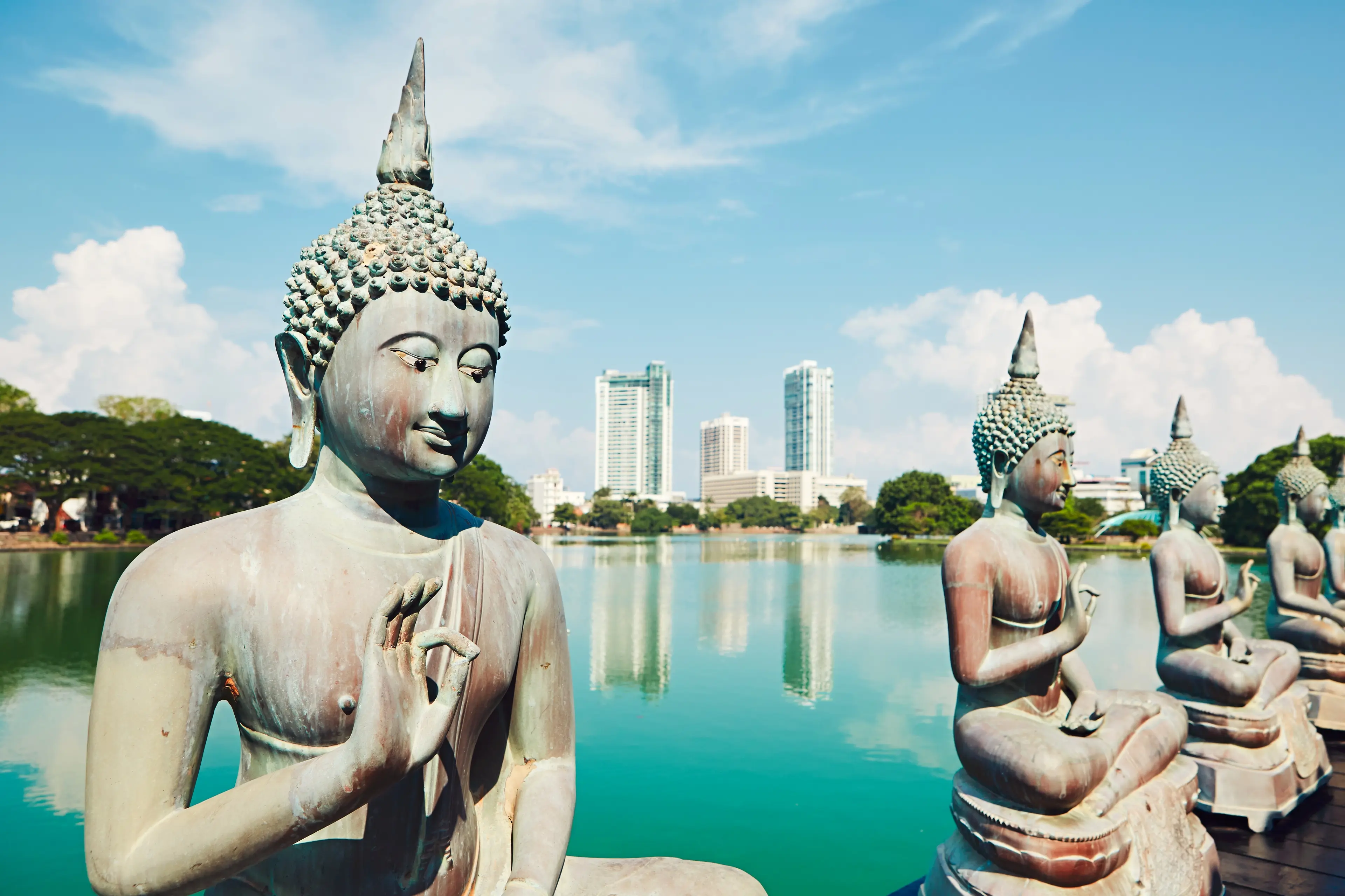 Buddha statues outside of Buddhist temple in Colombo