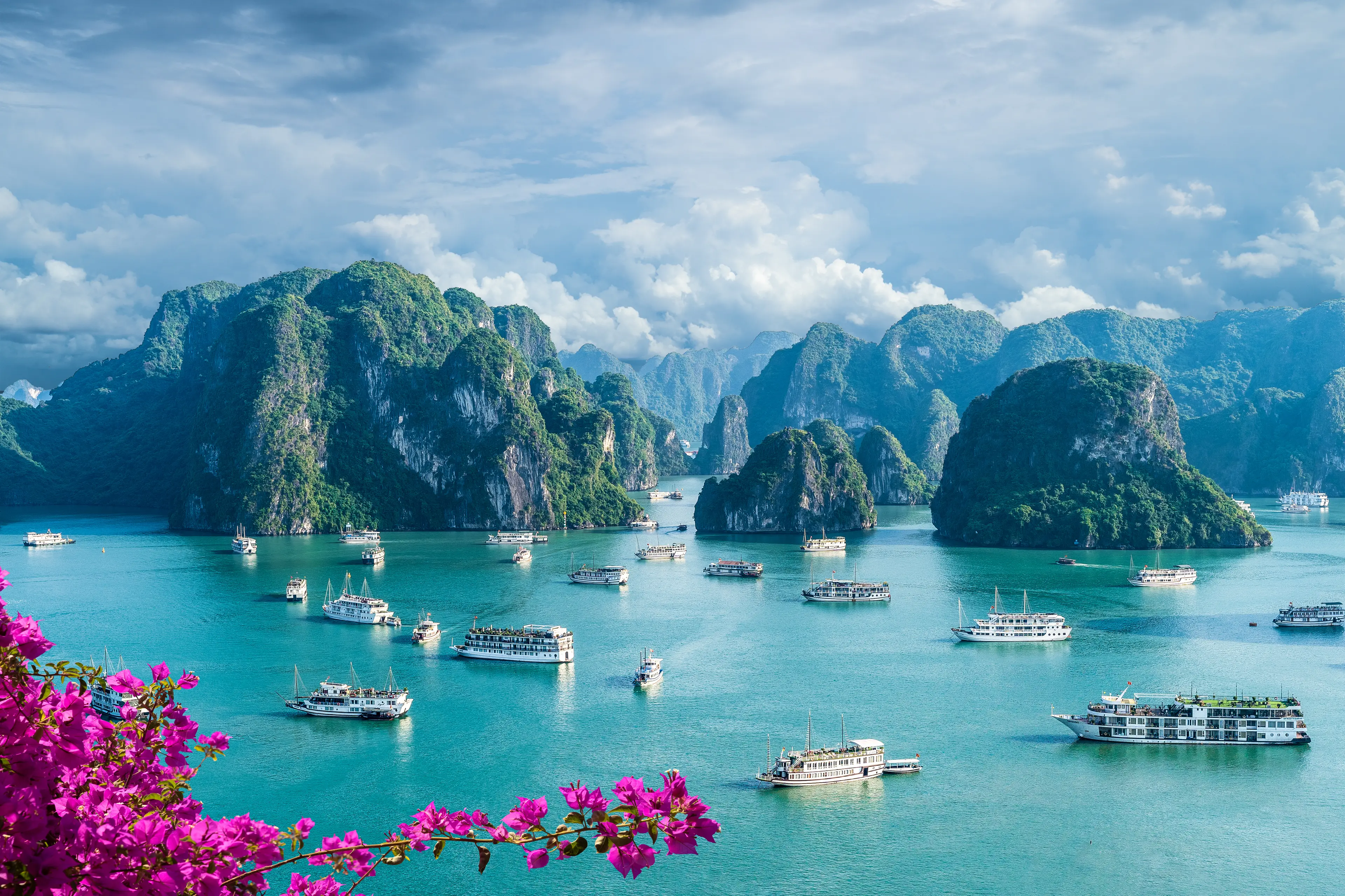 Tourist boats in picturesque Ha Long bay