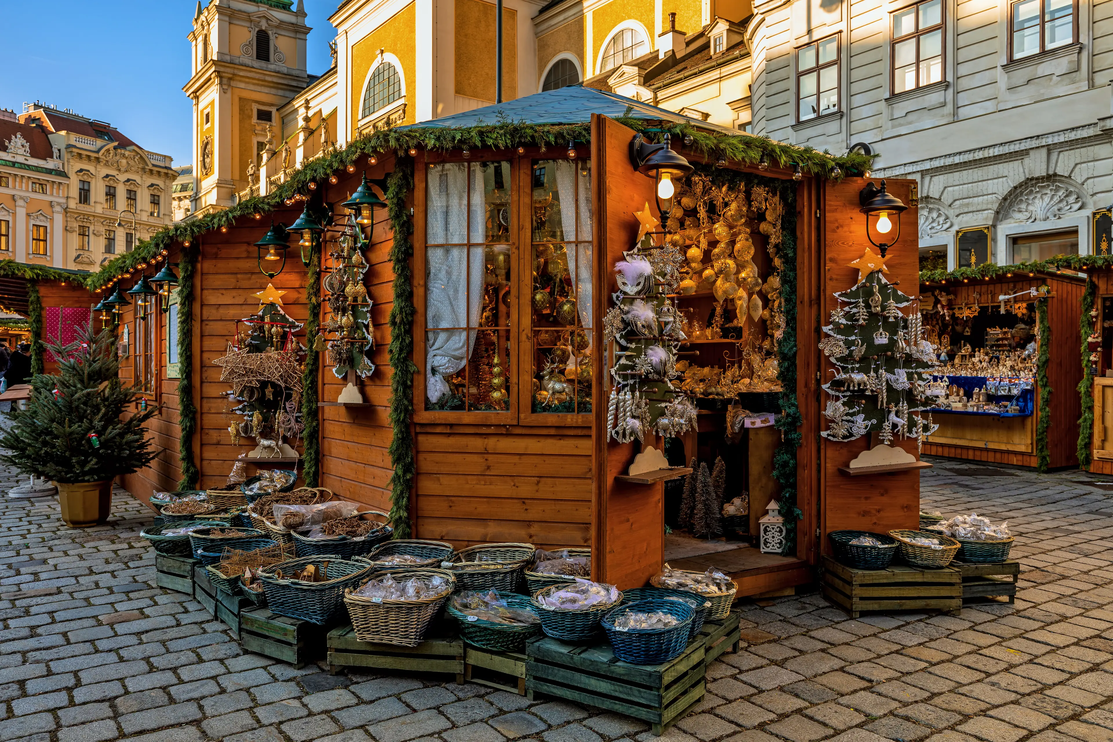 Wooden kiosk with handmade Christmas decorations in Vienna
