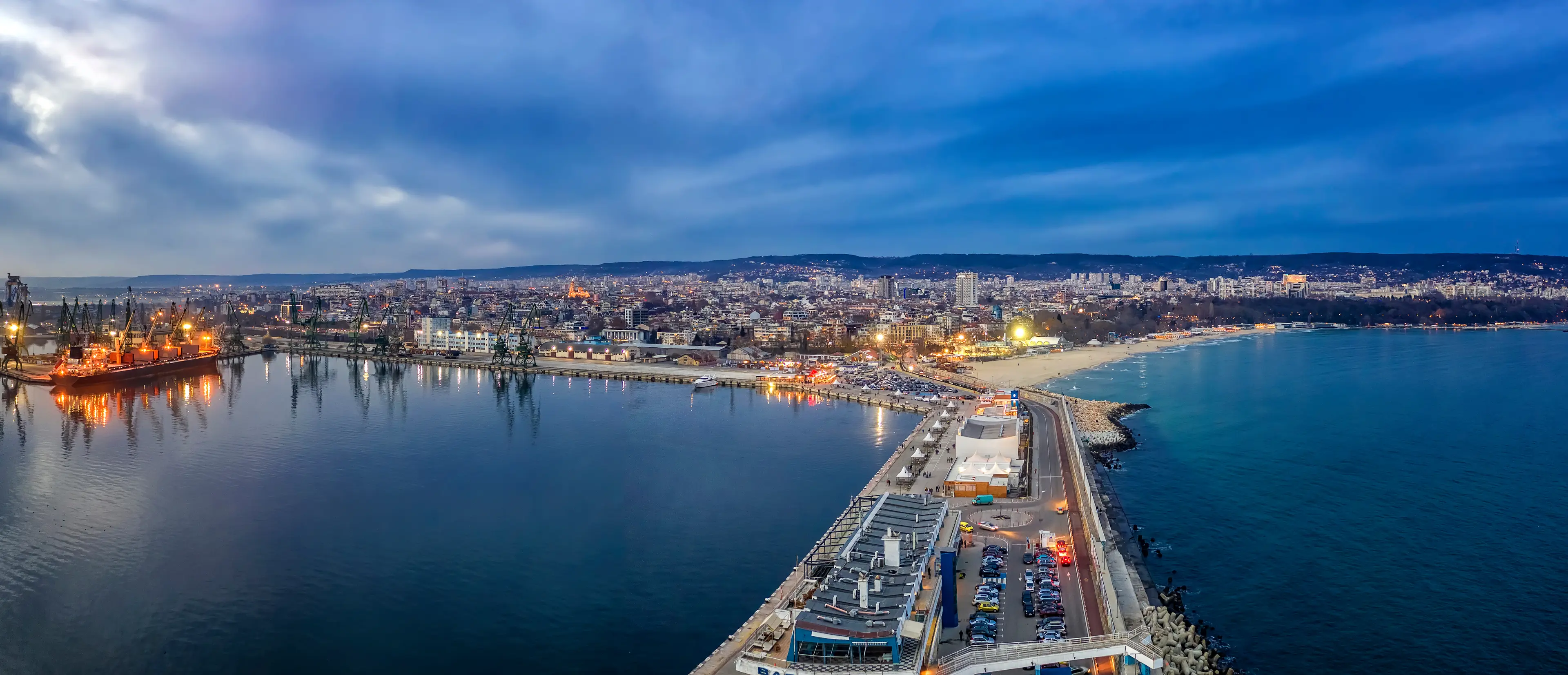 Aerial panorama at night taken from the city's port