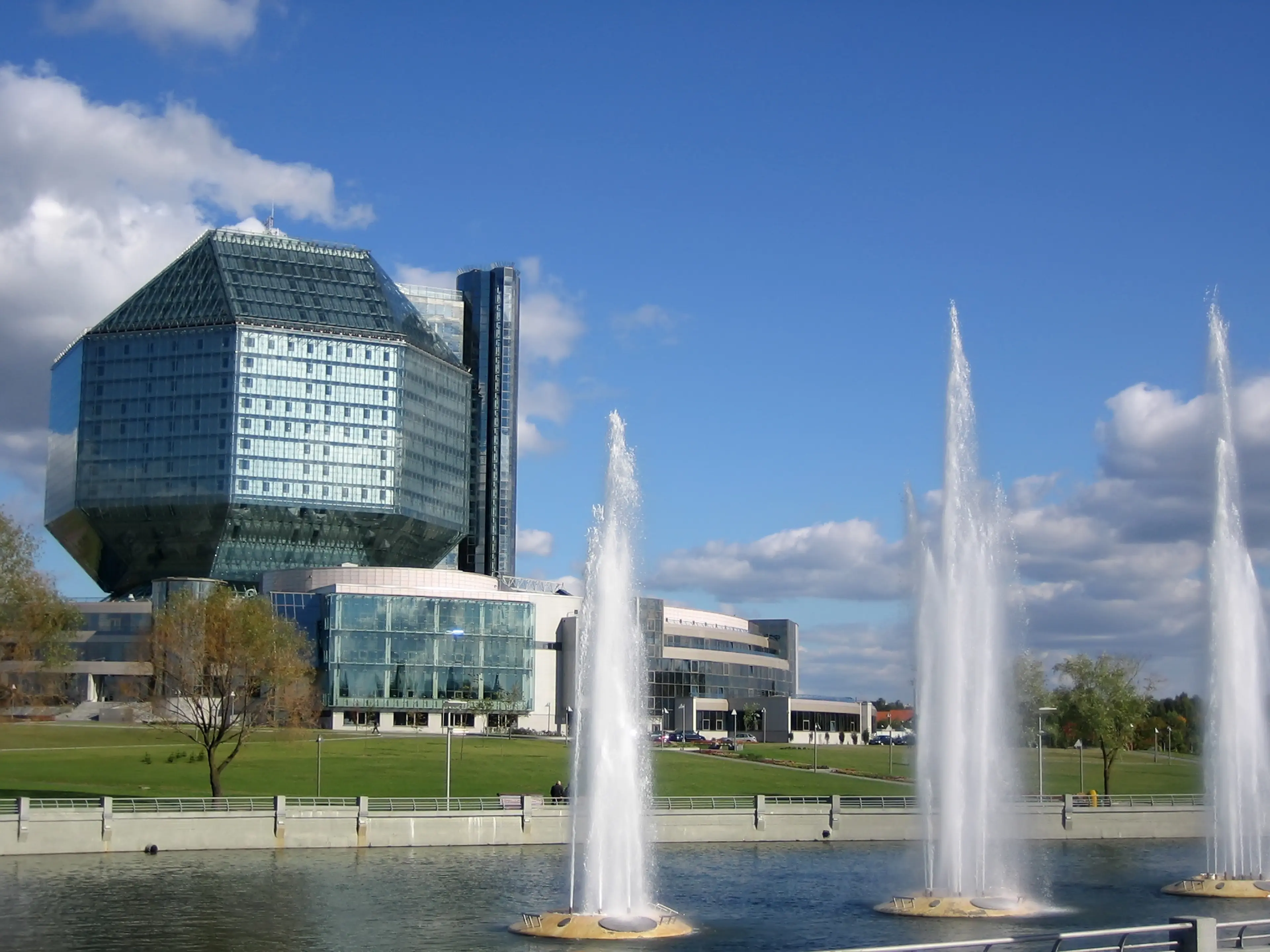 National library of Belarus with fountains