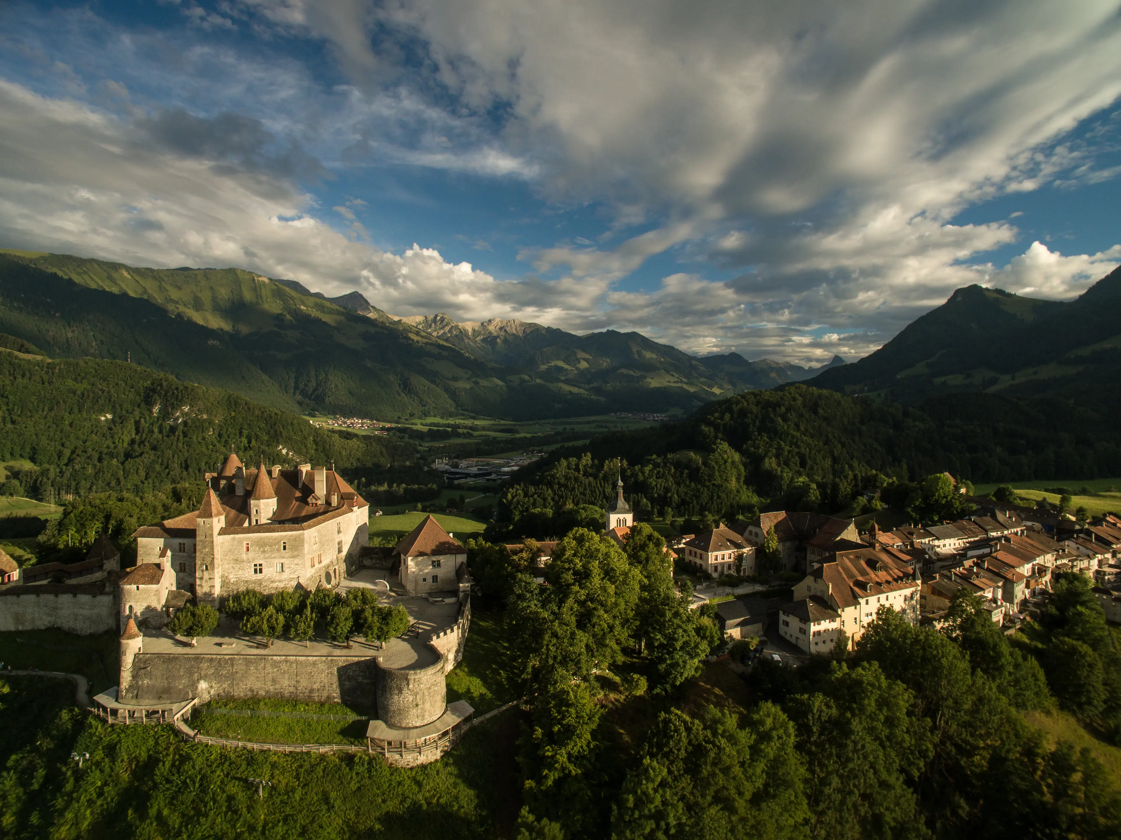 Aerial view of the Gruyeres castle and town Aerial view of the Gruyeres castle and town