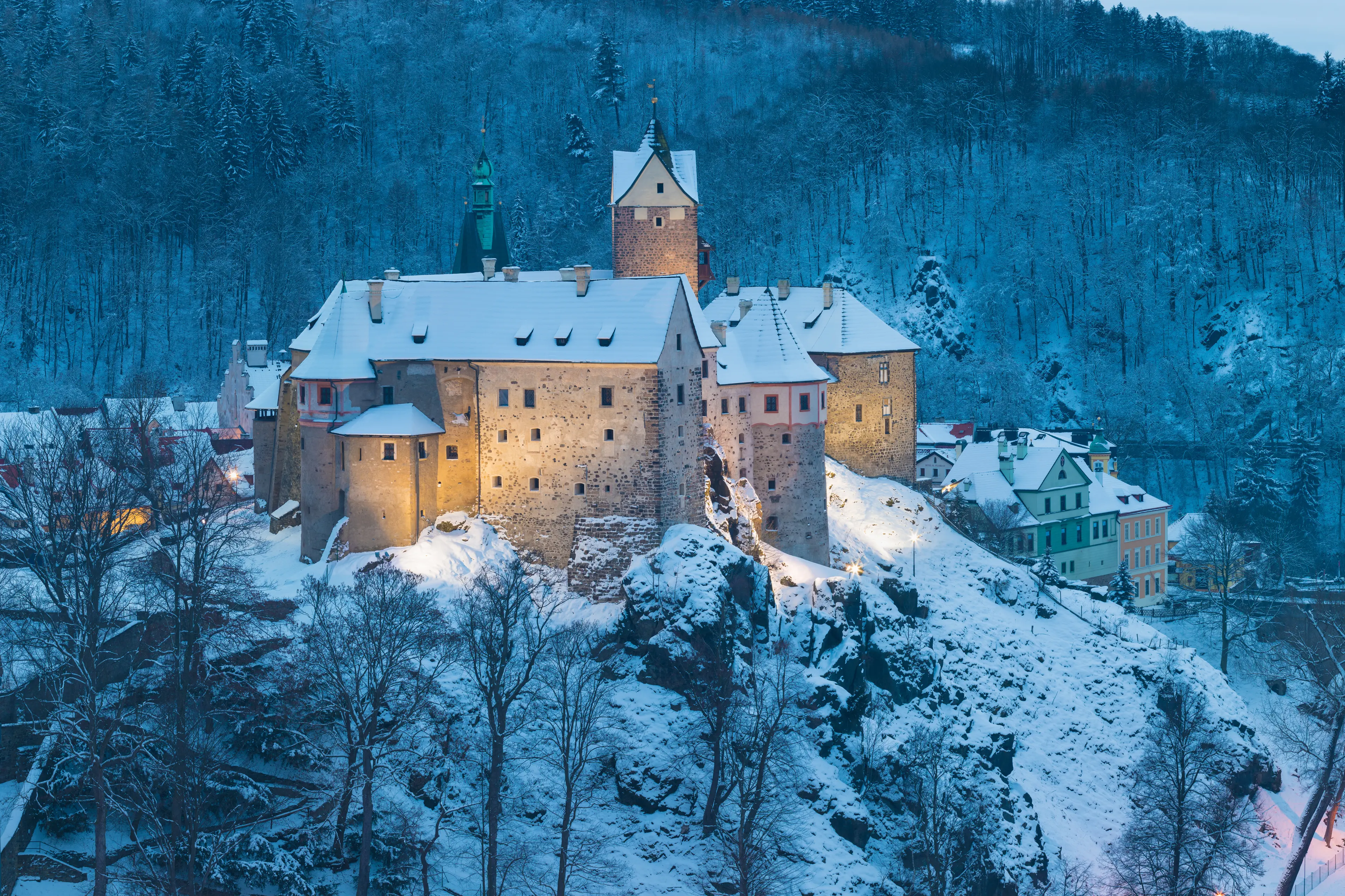 Cityscape of medieval Loket nad Ohri town with Loket Castle gothic style on massive rock