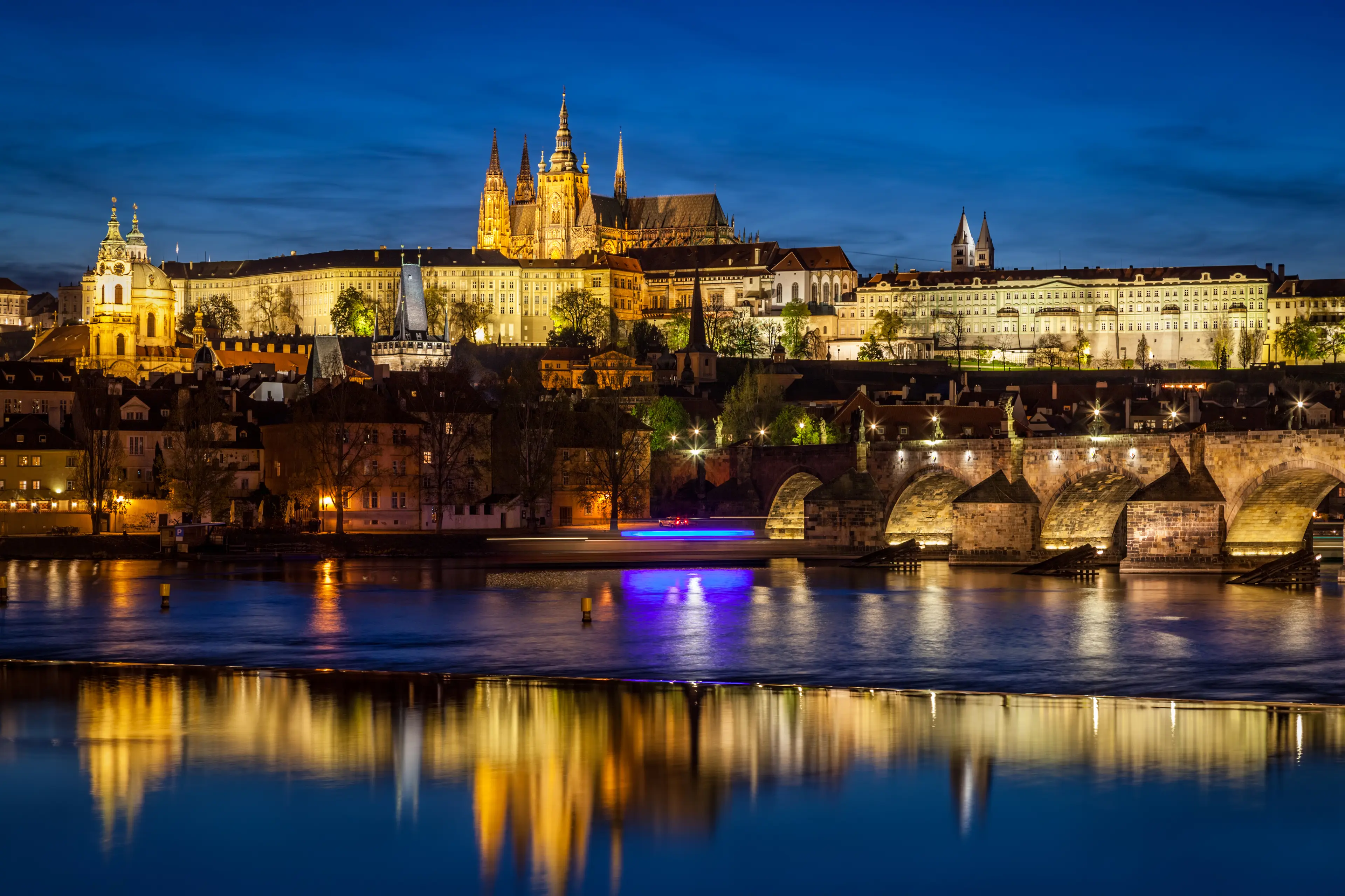 Prague Castle, Hradcany reflecting in Vltava river Prague Castle, Hradcany reflecting in Vltava river