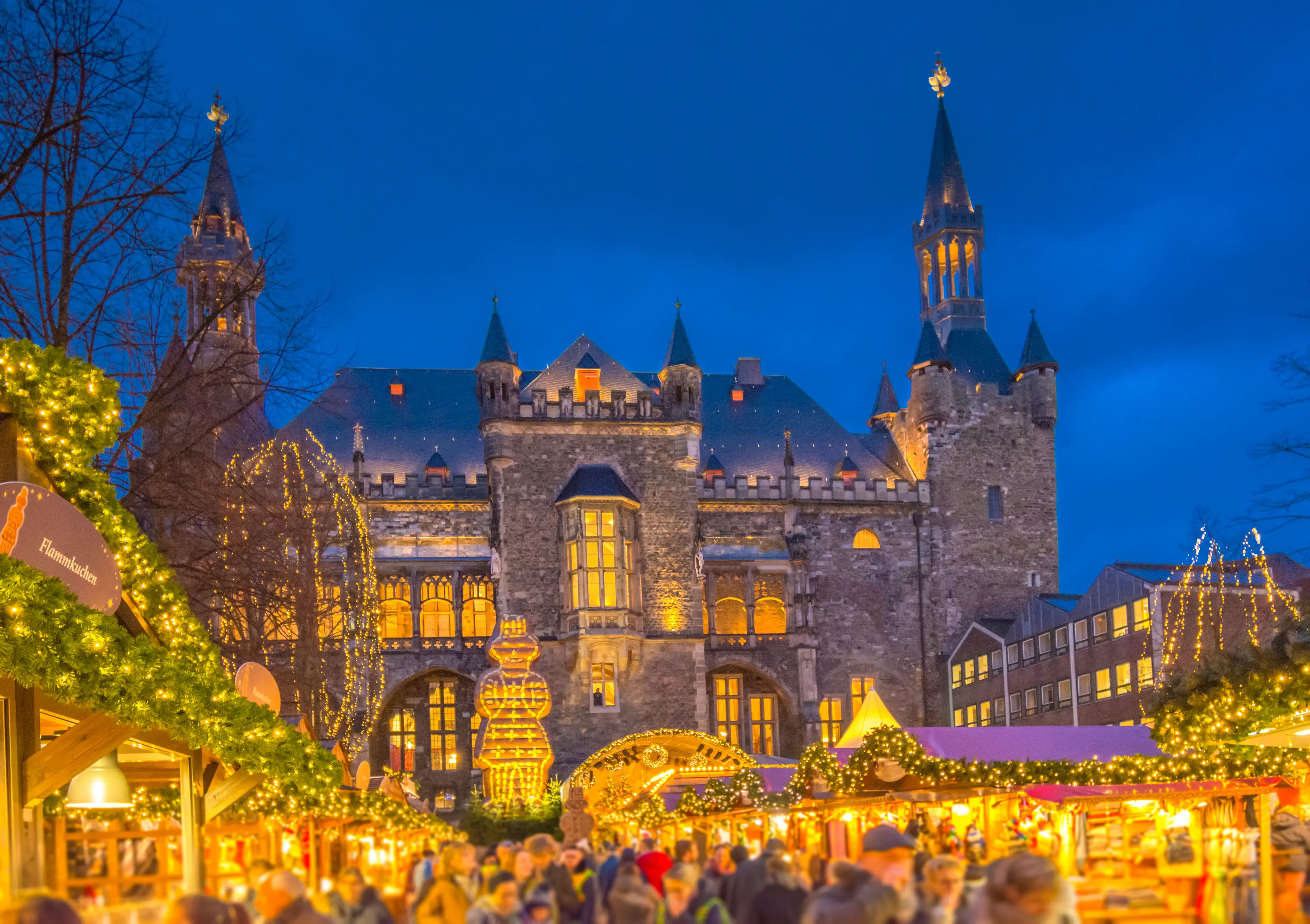 Aachen city hall and the annual Christmas Market during Blue Hour