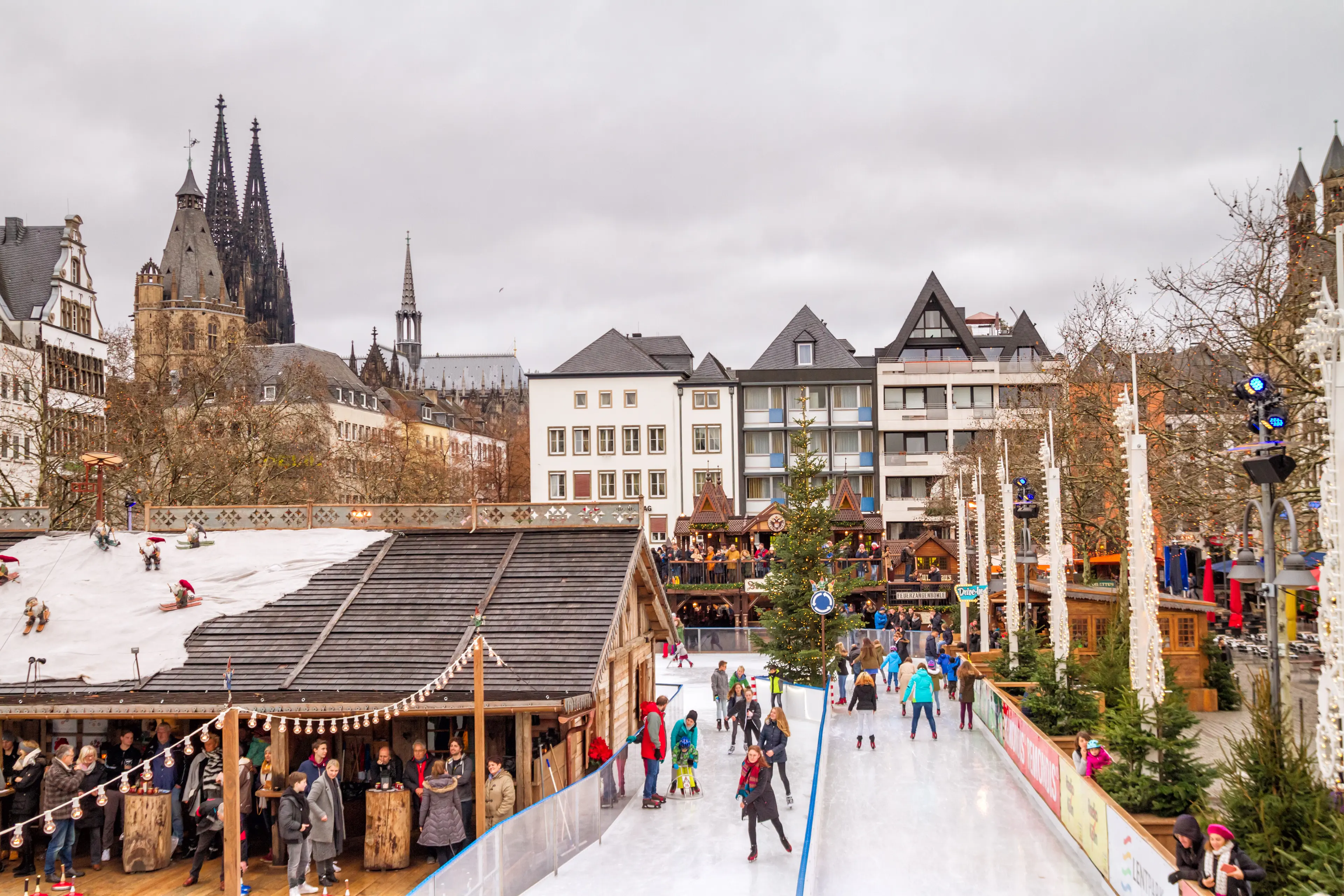 View of the Christmas city skating rink on background the Cologne Cathedral