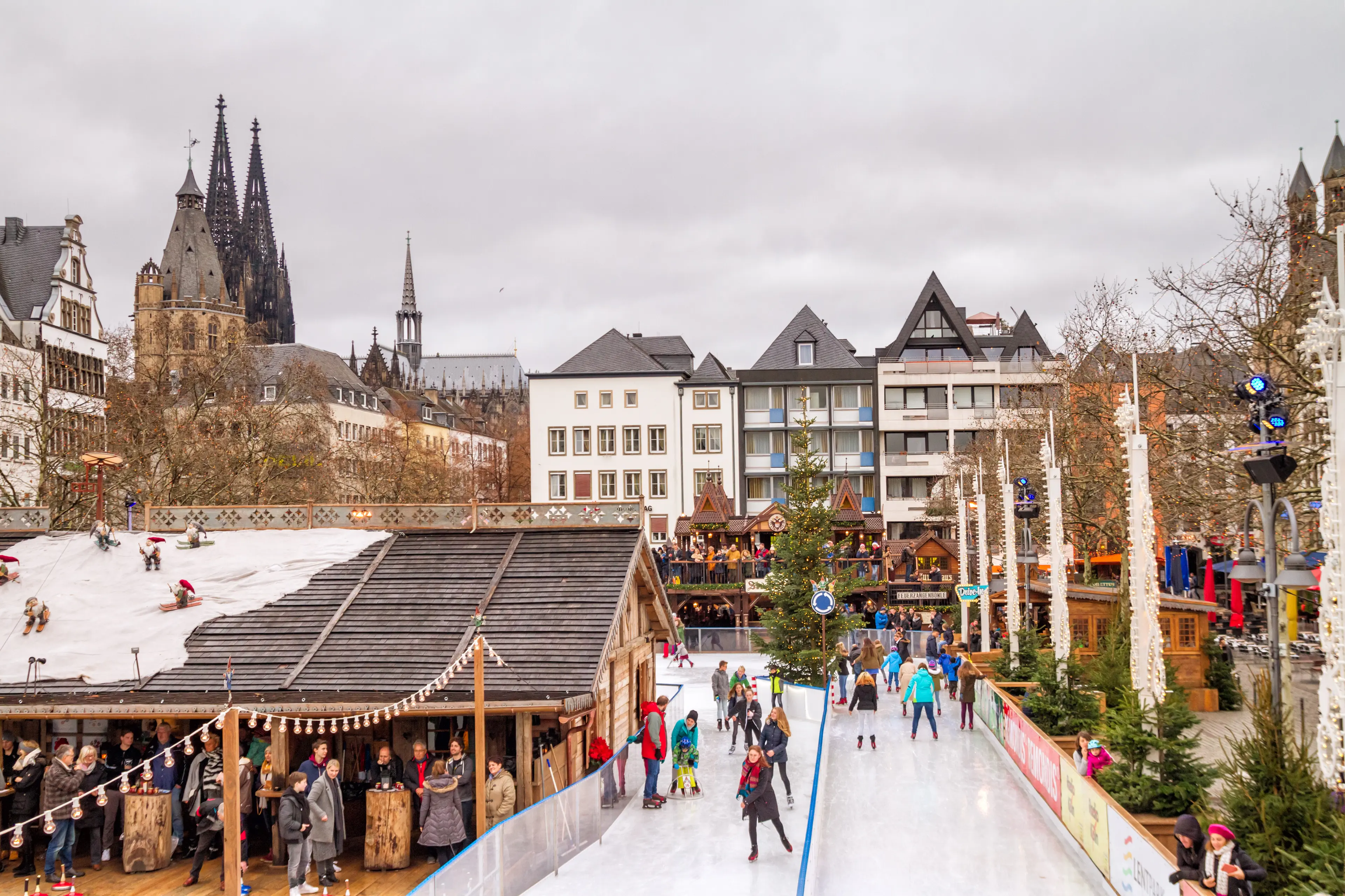View of the Christmas city skating rink on background the Cologne Cathedral View of the Christmas city skating rink on background the Cologne Cathedral