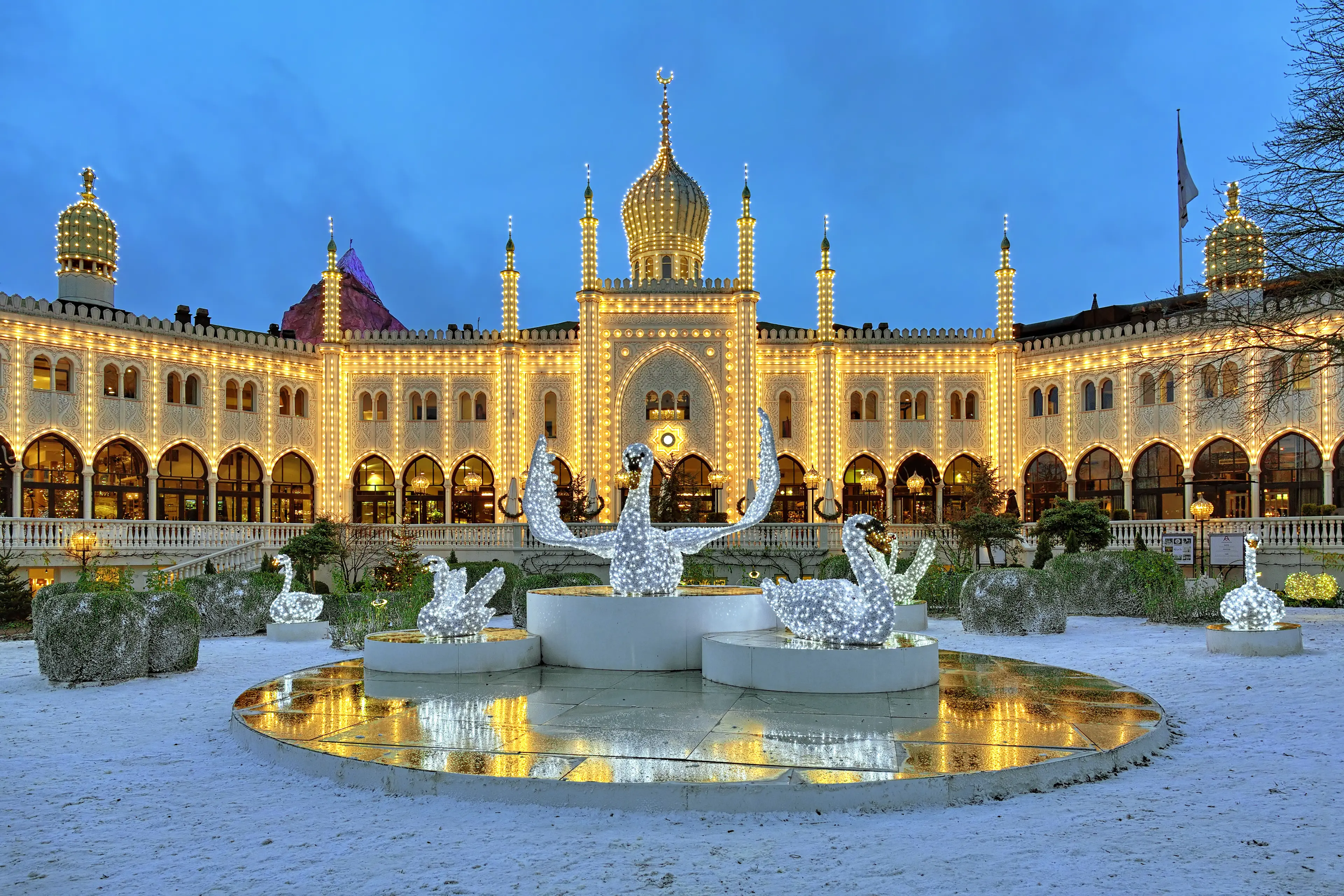 The Christmas installation with Swans in front of the Moorish Palace in Tivoli Gardens