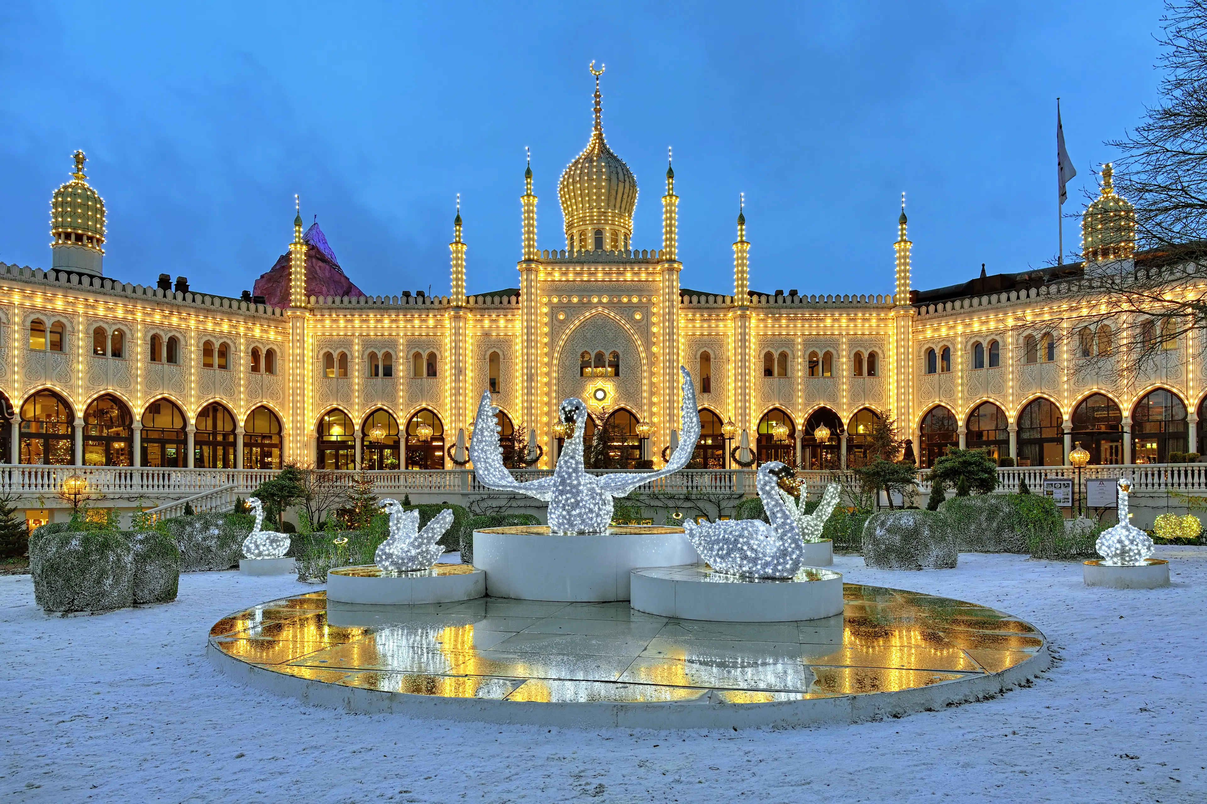 The Christmas installation with Swans in front of the Moorish Palace in Tivoli Gardens The Christmas installation with Swans in front of the Moorish Palace in Tivoli Gardens