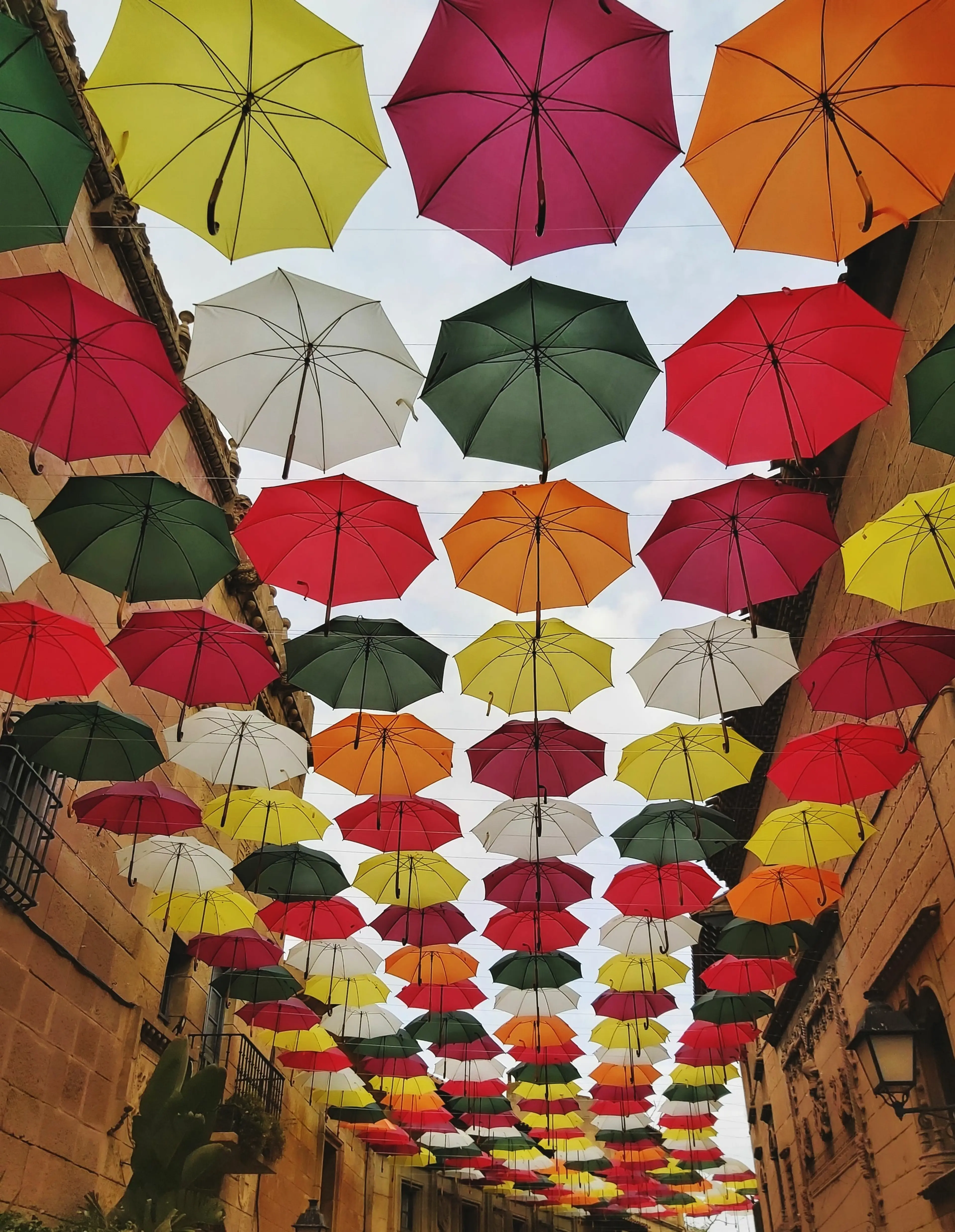 Colorful umbrellas hanging across a typical street in the city center