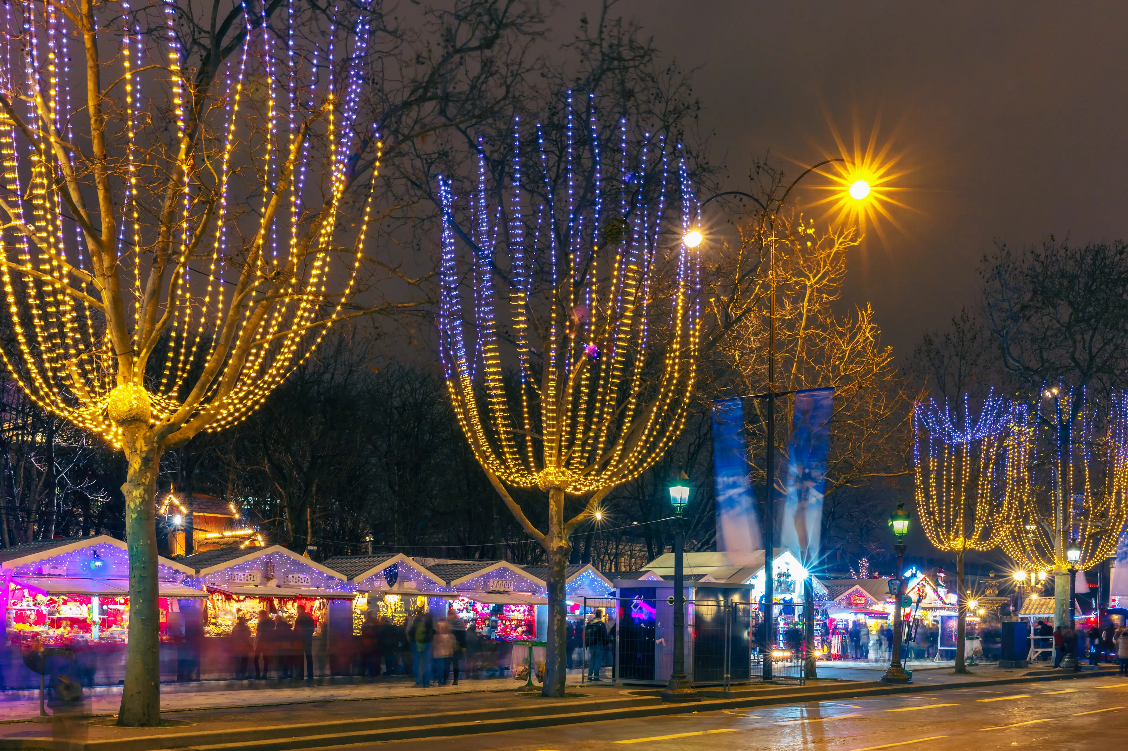 Christmas market on the Champs Elysees in at night