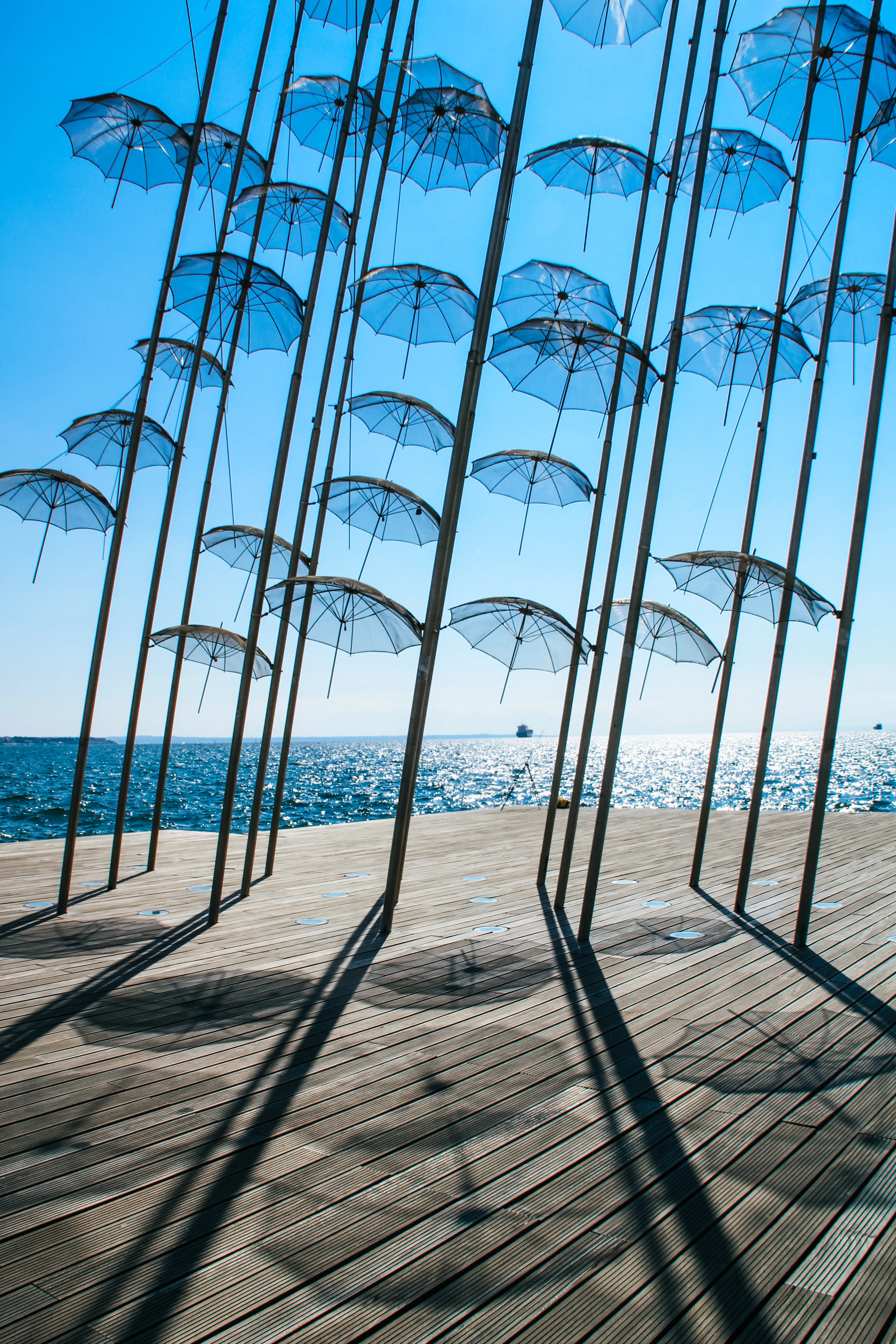 The seafront in the city with umbrellas