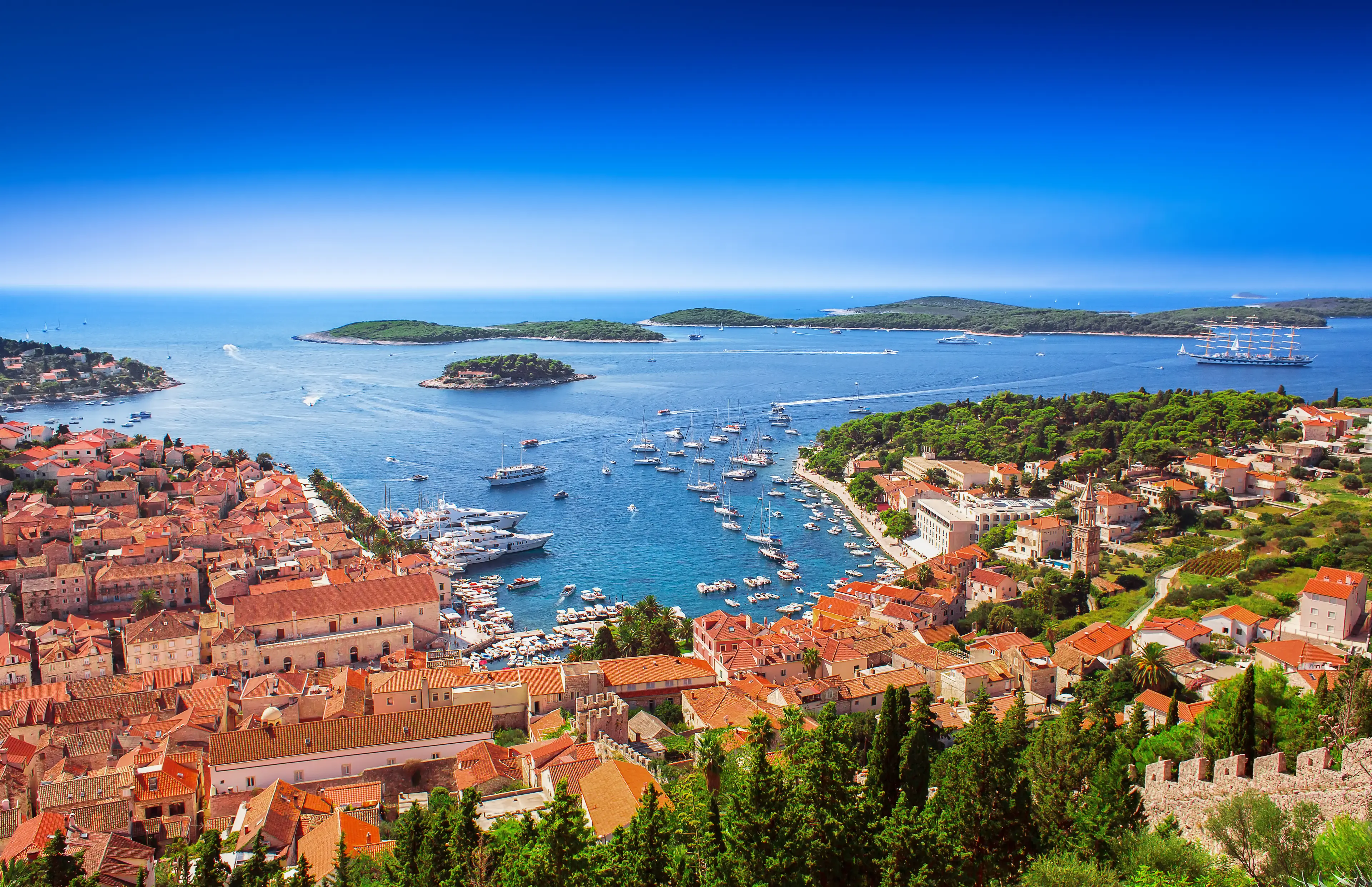 Aerial view of the island's main town and the port Aerial view of the island's main town and the port