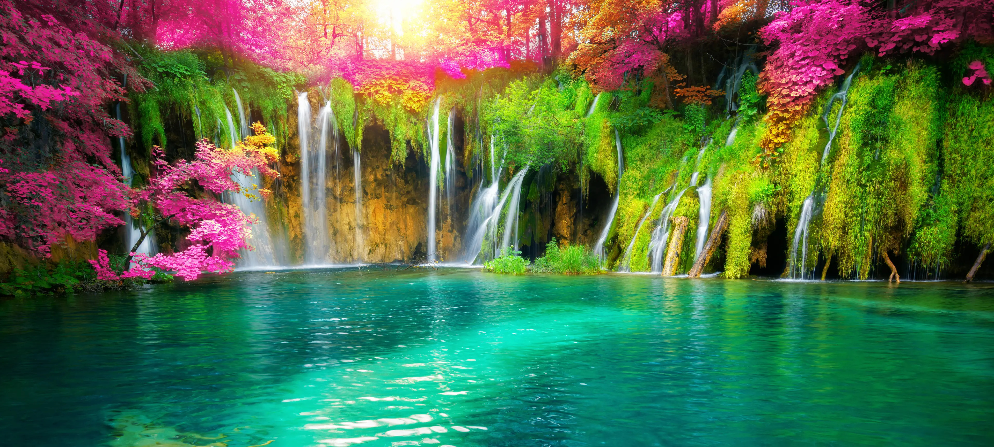 Exotic waterfall and lake landscape