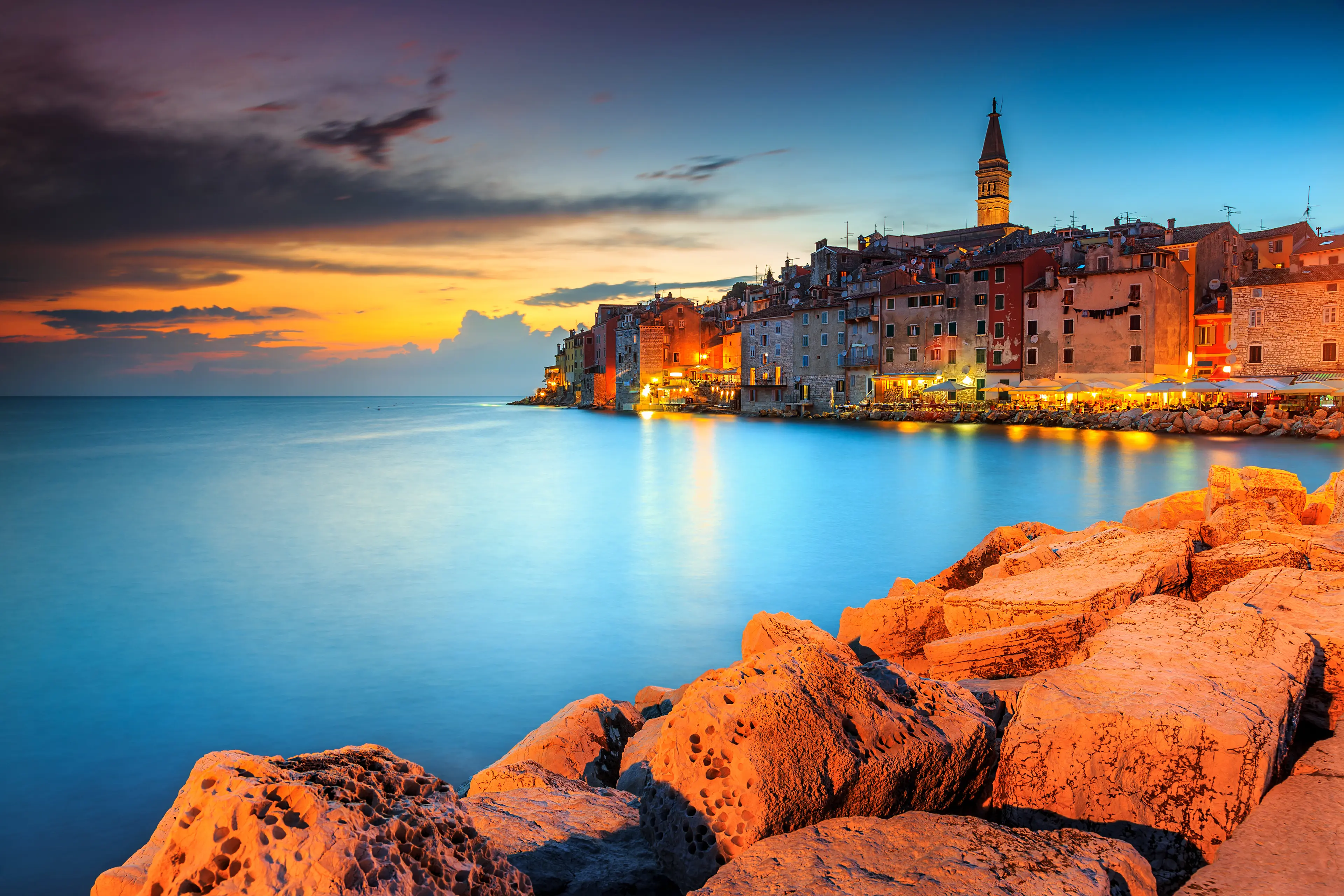 View of the city's waterfront at sunset