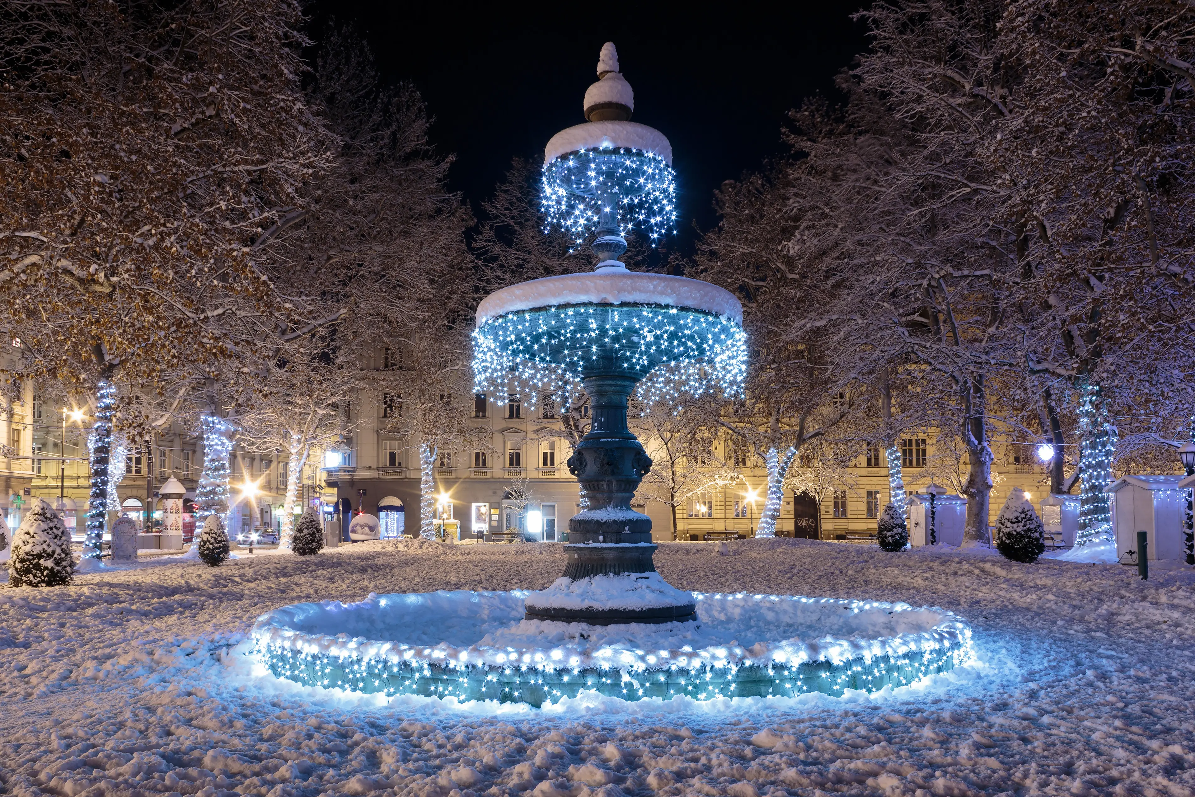 Zrinjevac Fountain decorated by Christmas lights as part of Advent in Zagreb. Fountain is known as The Mushroom.