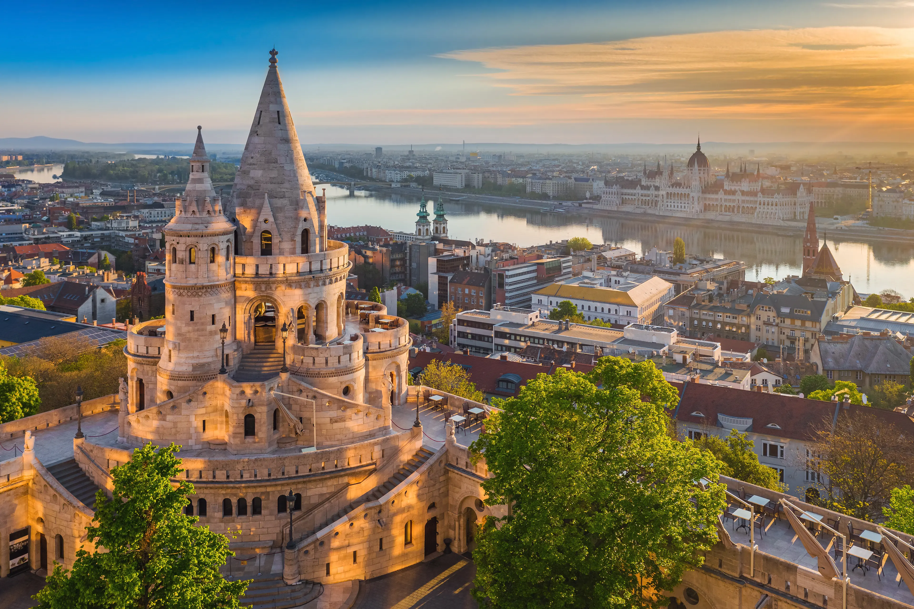 Tower of Fisherman's Bastion, Parliament of Hungary and River Danube