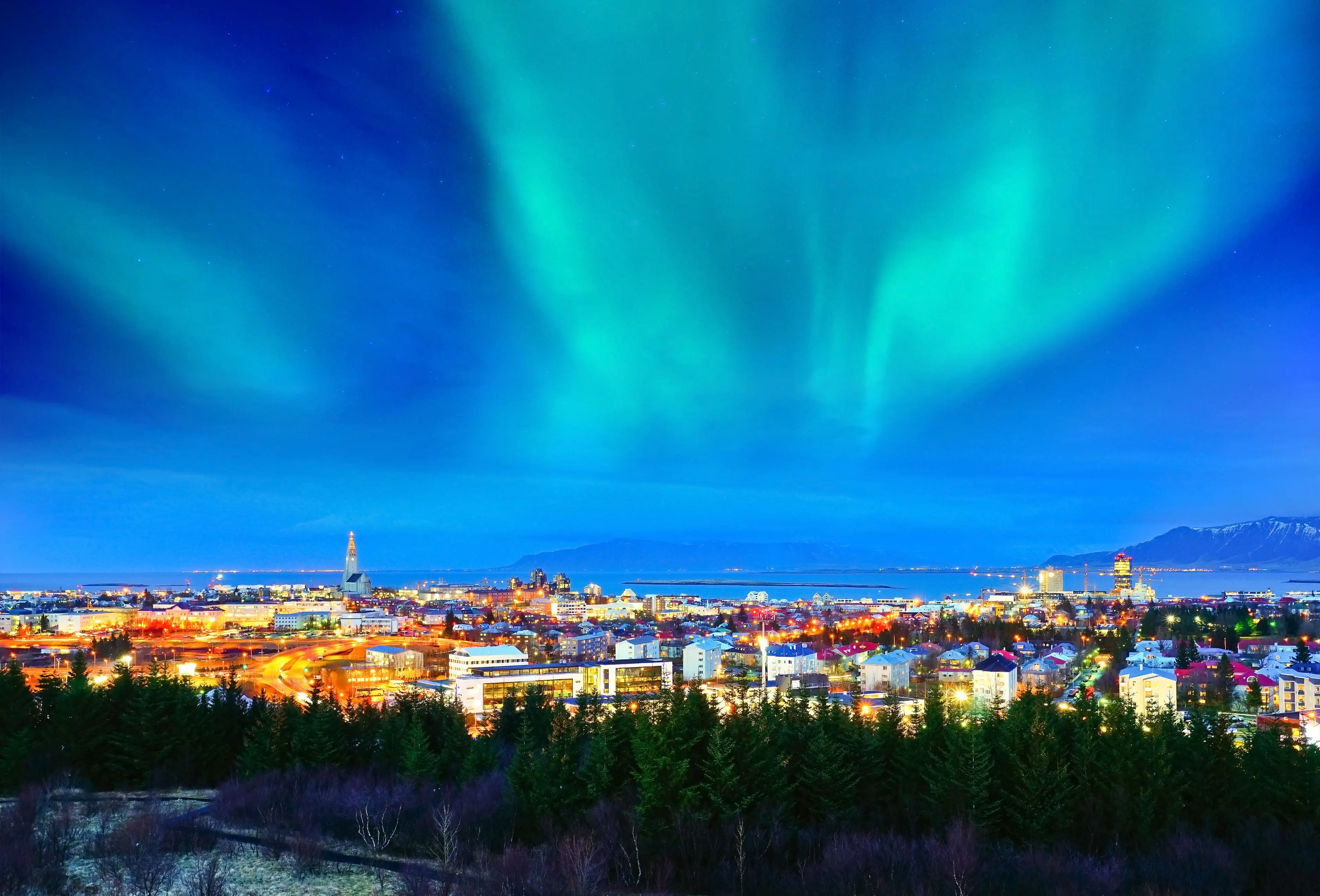 View of the northern light from the city center