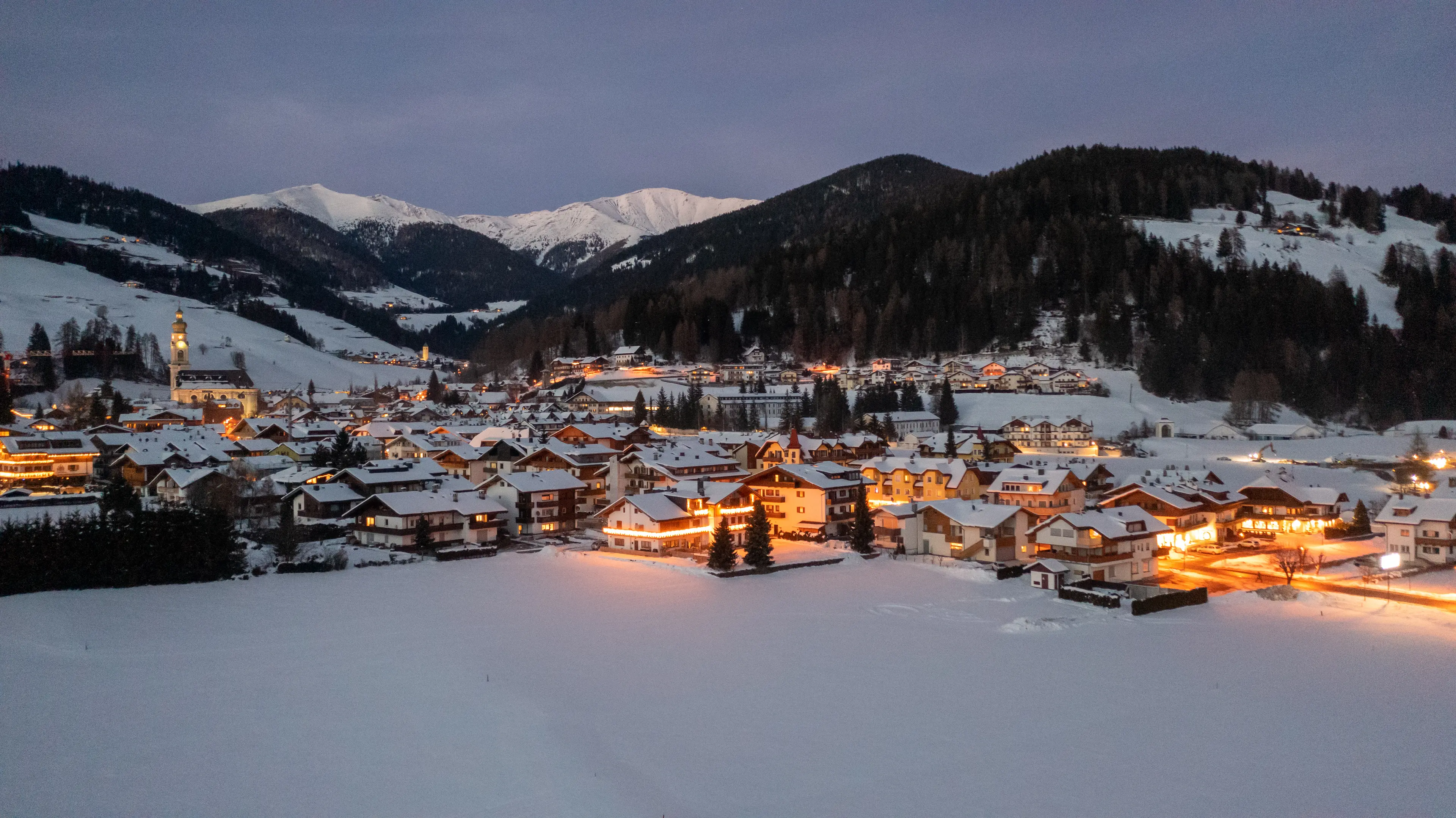 Aerial view of beautiful alpin mountain town at christmas time