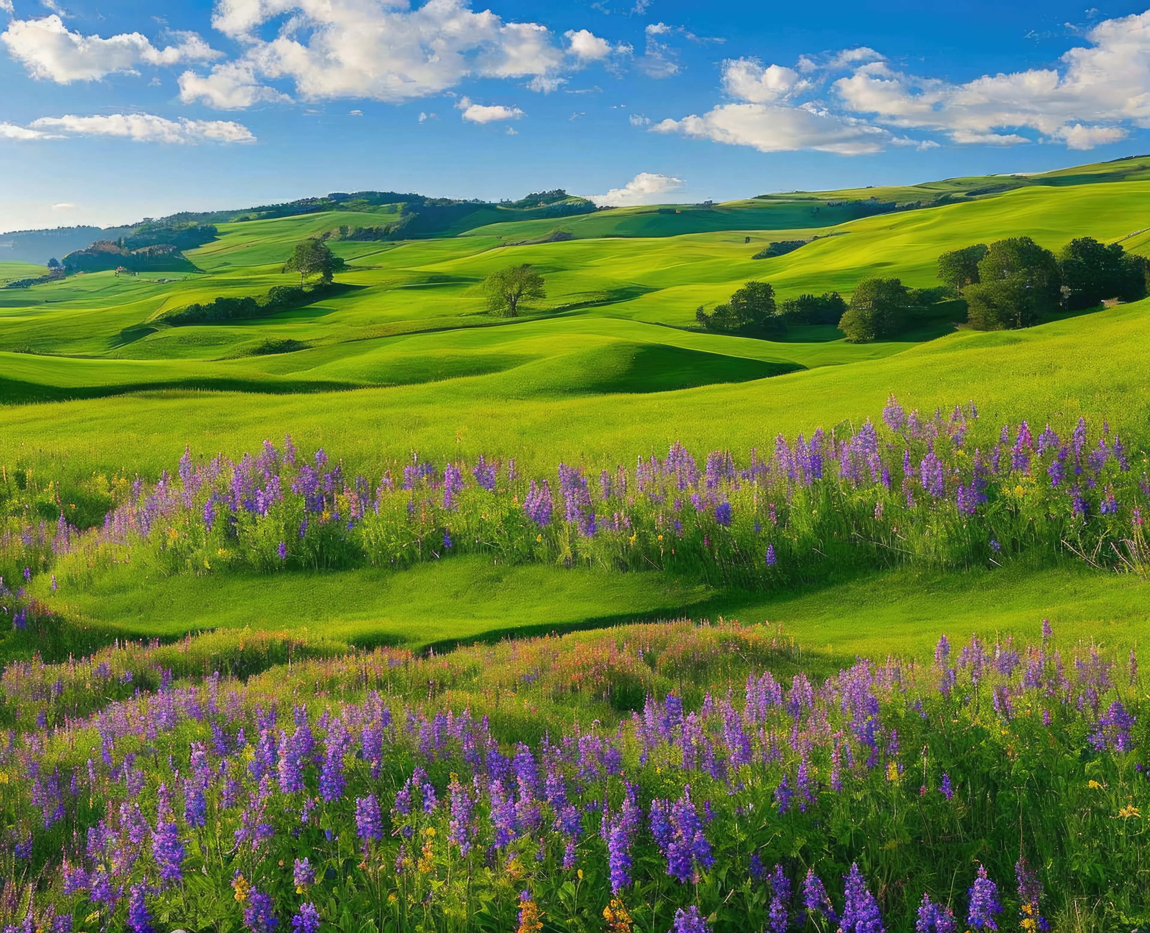 Green hills and lavender flowers Green hills and lavender flowers