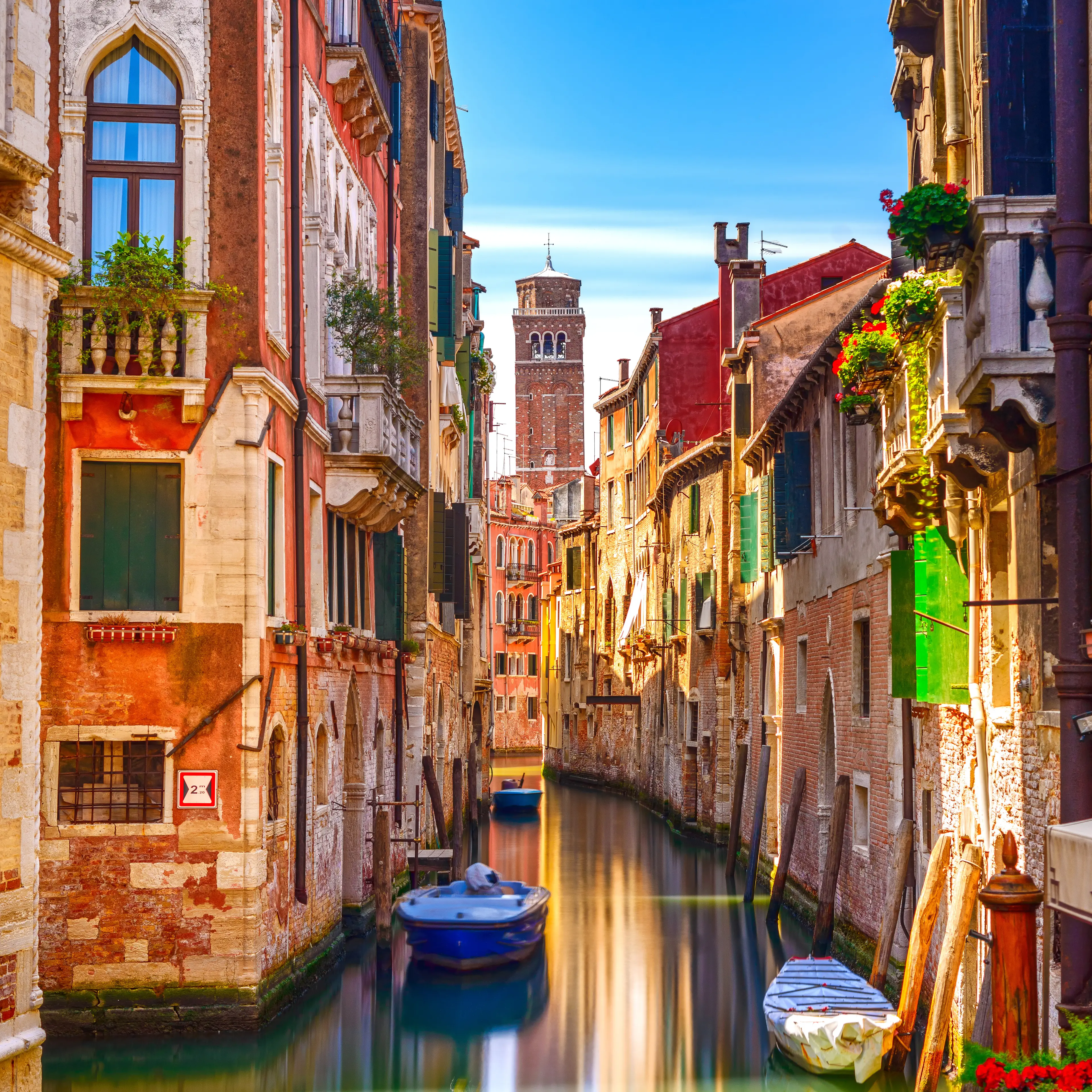 Venice cityscape, water canal, campanile church Venice cityscape, water canal, campanile church