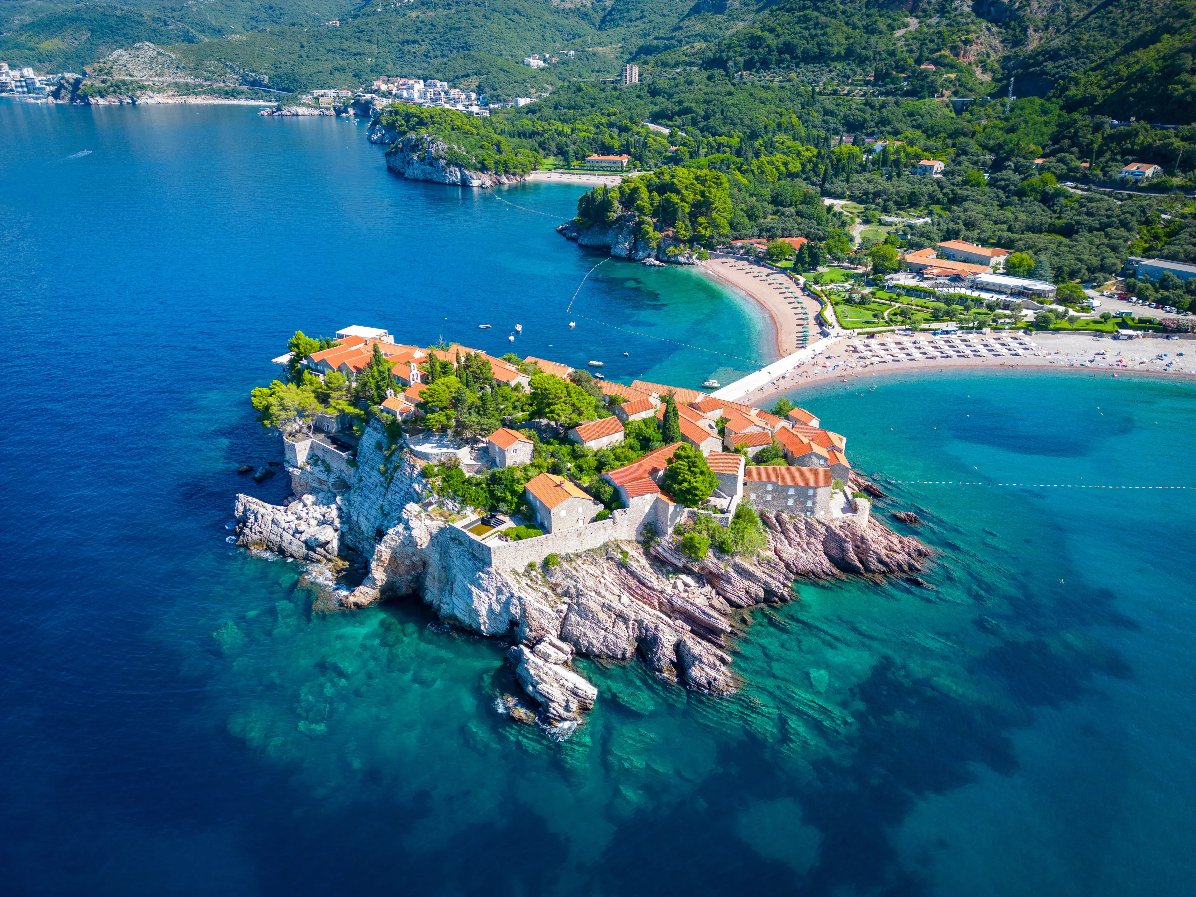 Island of Sveti Stefan, eaches and coastline of the Adriatic Sea