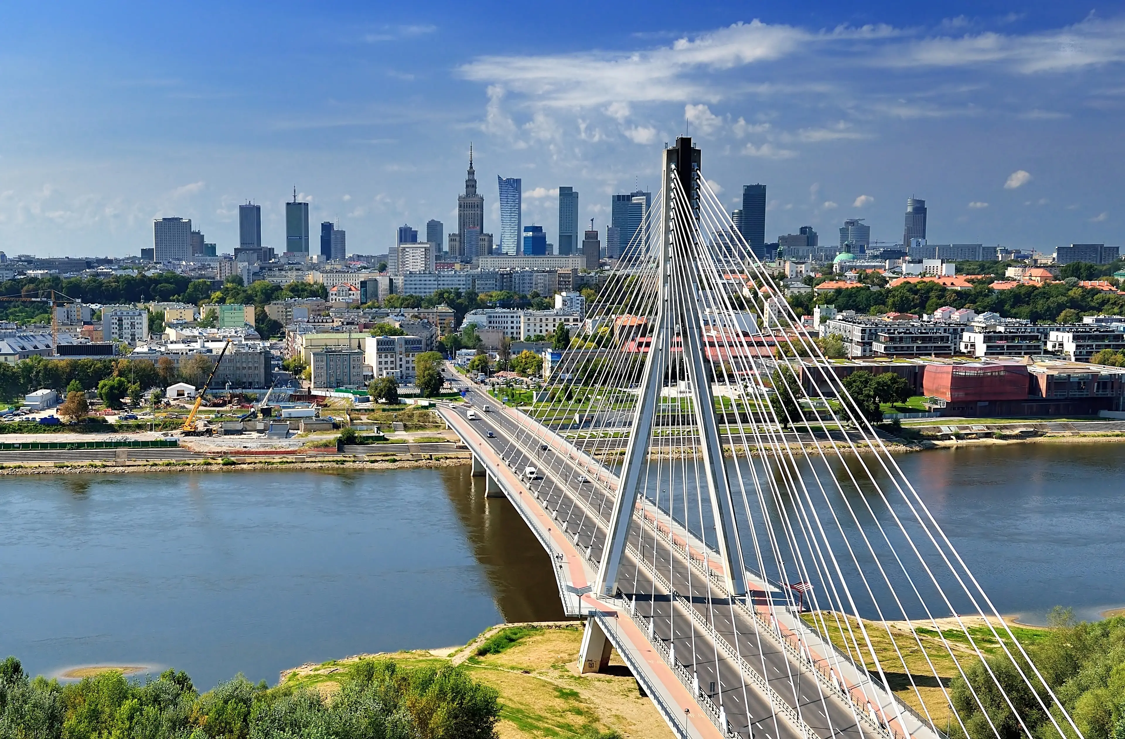 The Swietokrzyski bridge with the city center in the distance The Swietokrzyski bridge with the city center in the distance