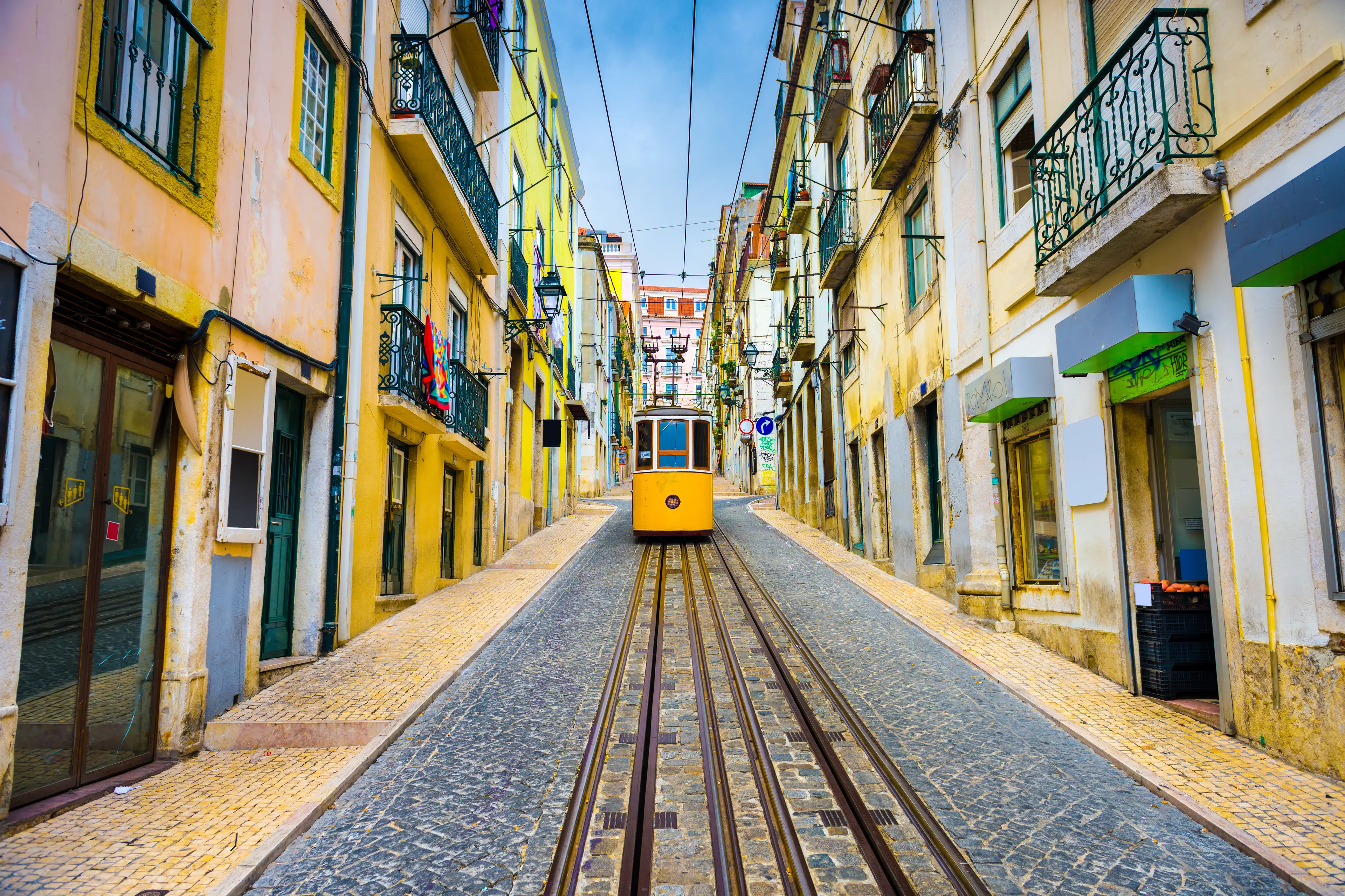City street with yellow funicular