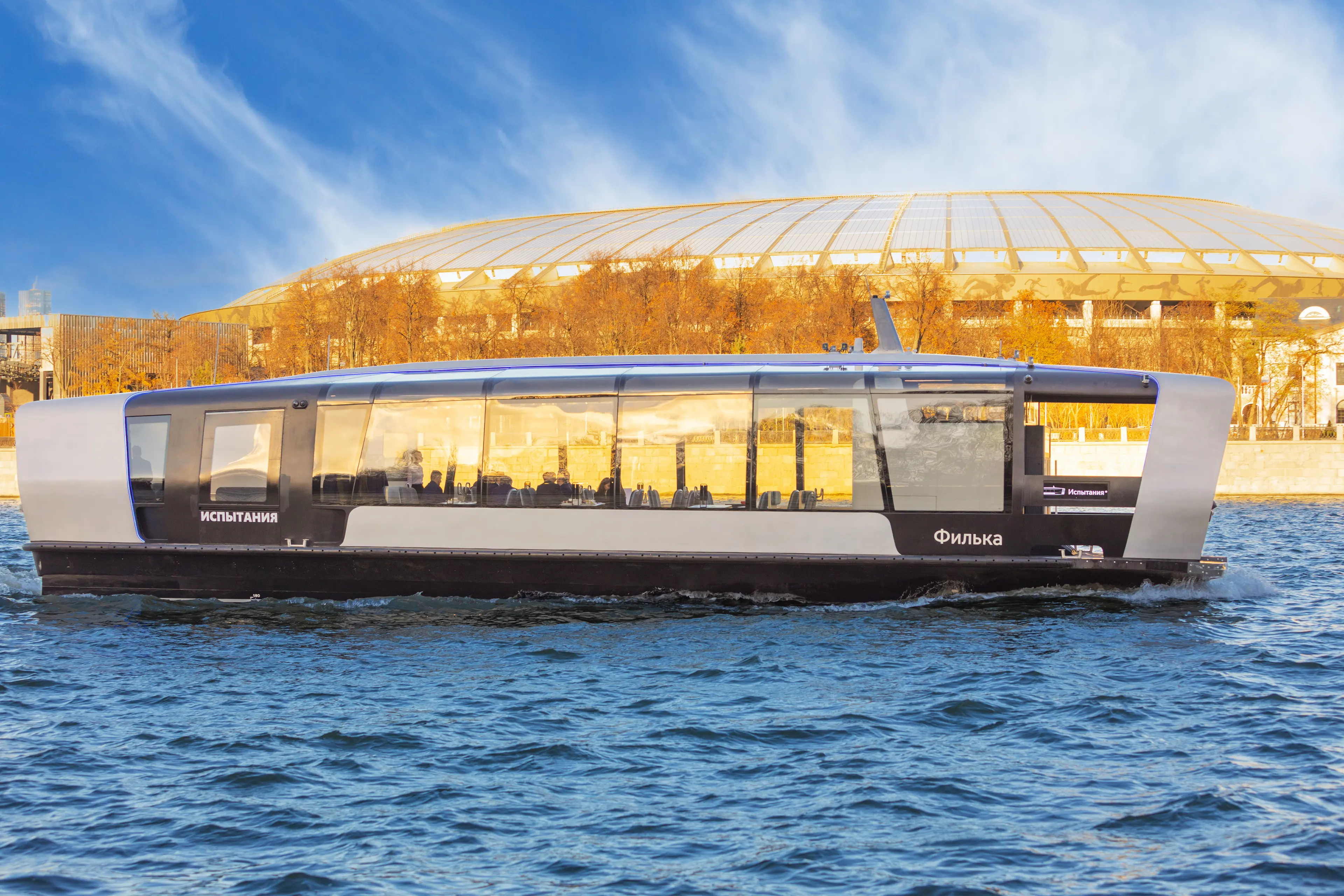Testing of the electric ship boat 'Filka' on Sparrows Hills on the Moscow River Testing of the electric ship boat 'Filka' on Sparrows Hills on the Moscow River