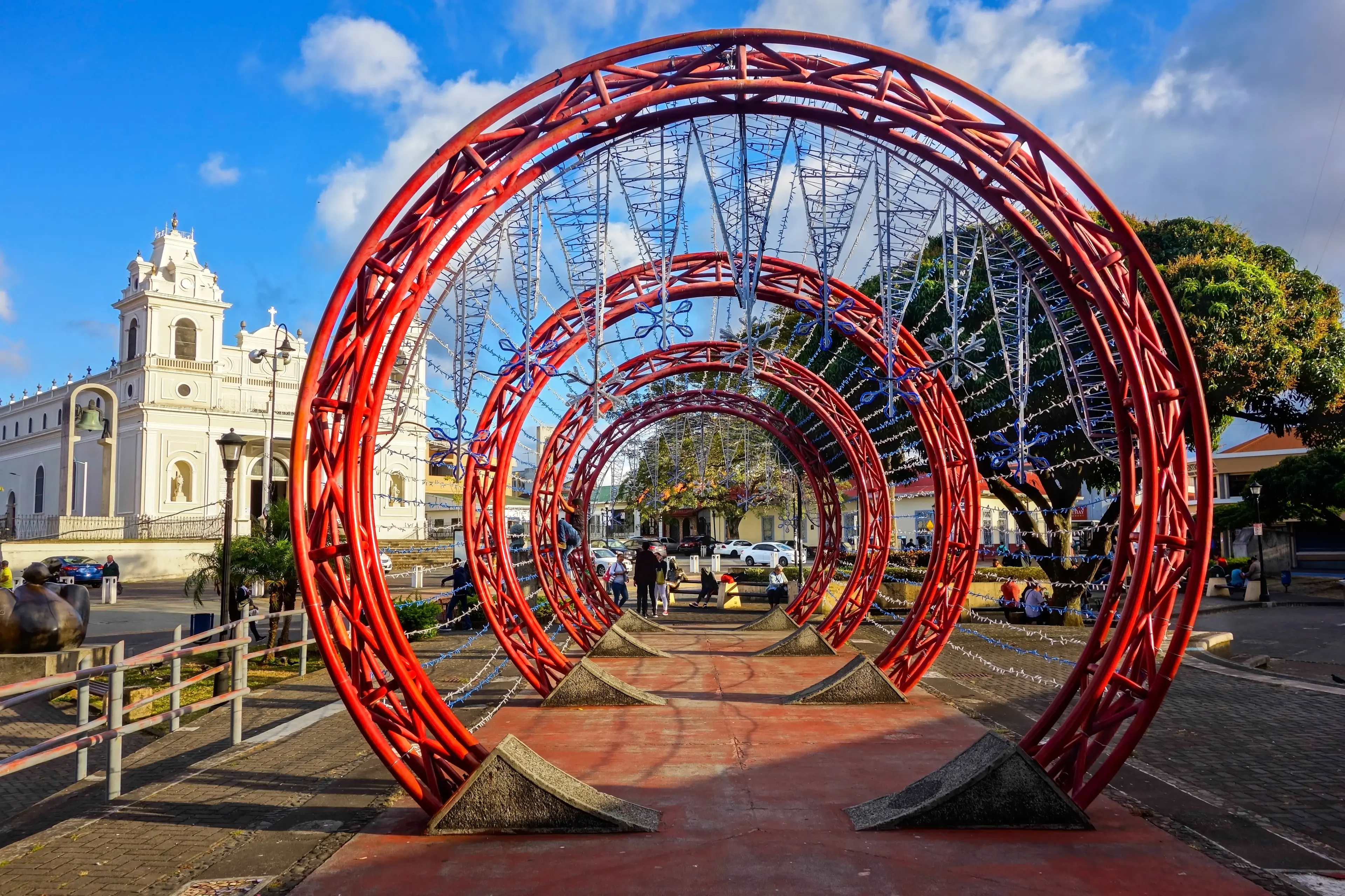 Concentric Red Circles Abstract Art Detail and Spanish Colonial Architecture on Plaza De Las Artes