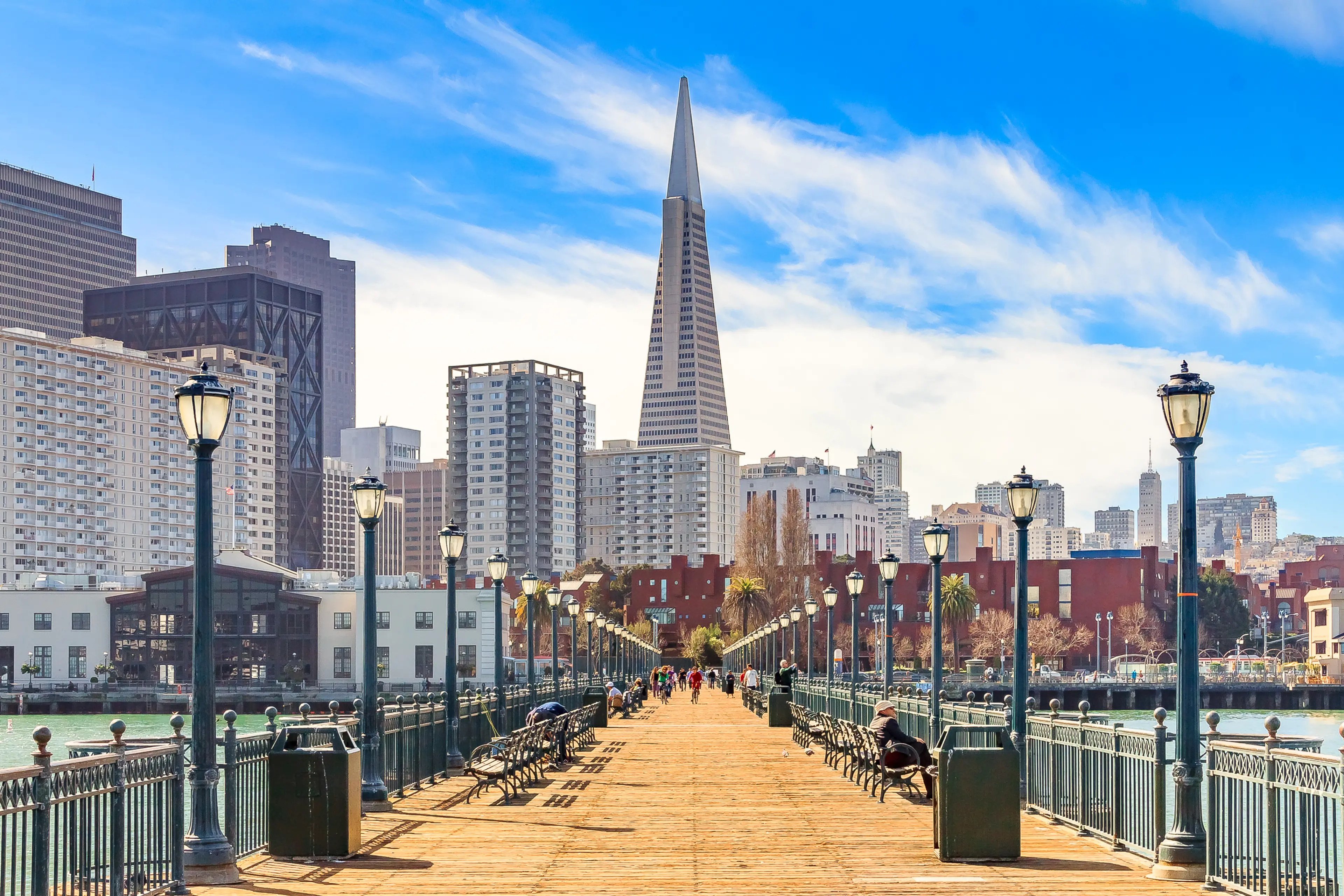 Downtown San Francisco and the Transamerica Pyramid from wooden Pier 7 Downtown San Francisco and the Transamerica Pyramid from wooden Pier 7