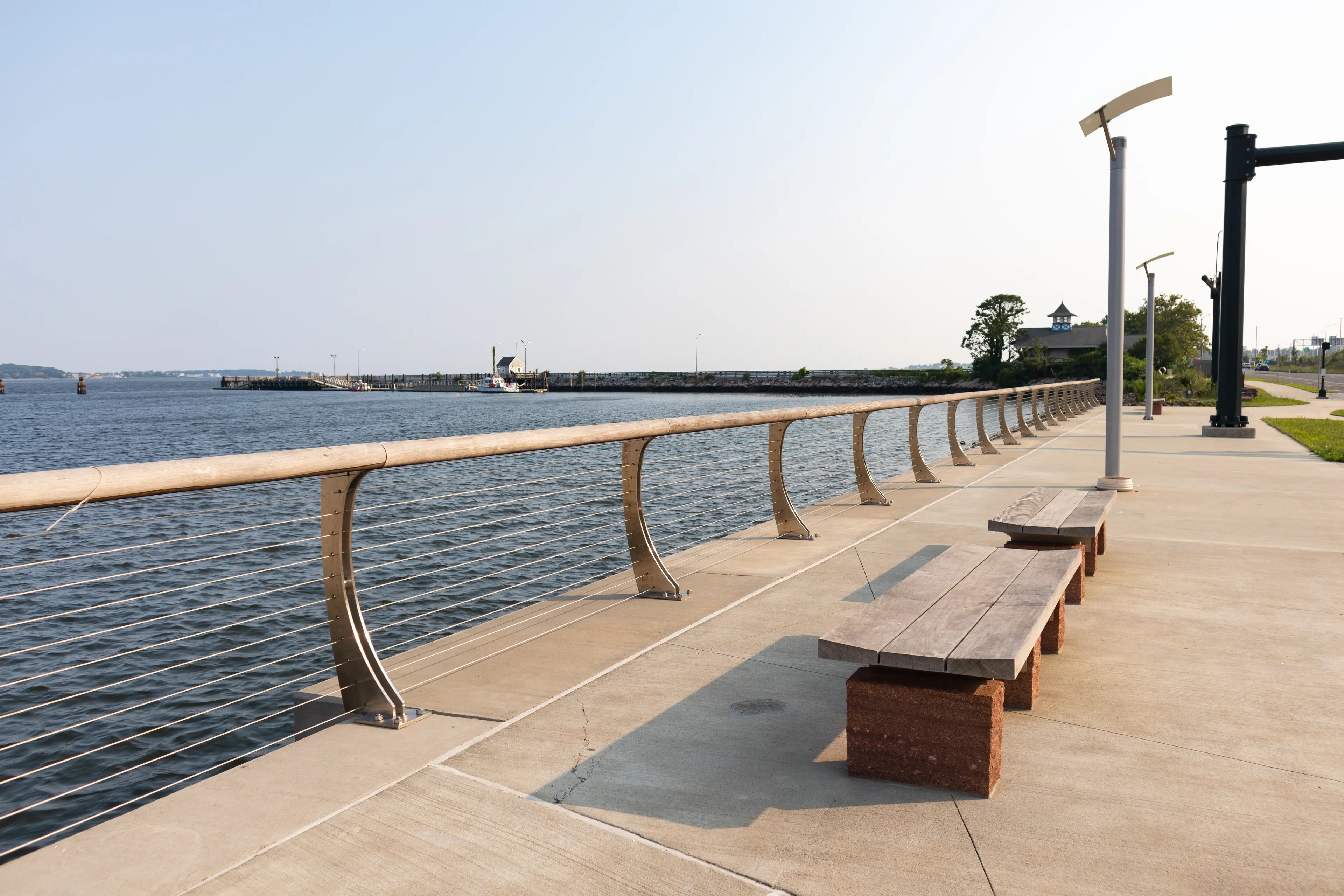 Empty Benches at Long Wharf Park along New Haven Harbor