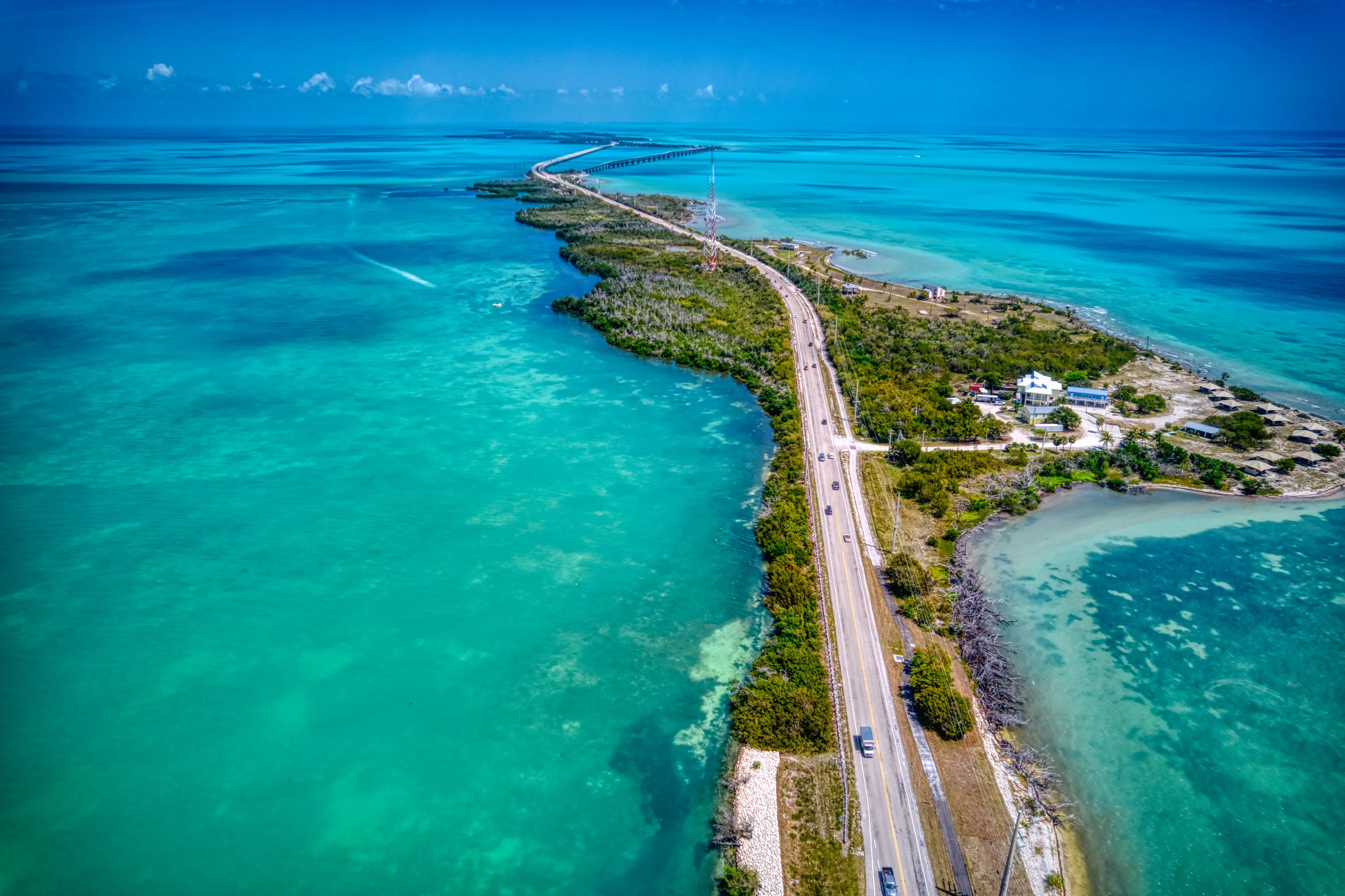 Drone shot of the Overseas Highway in the Florida Keys