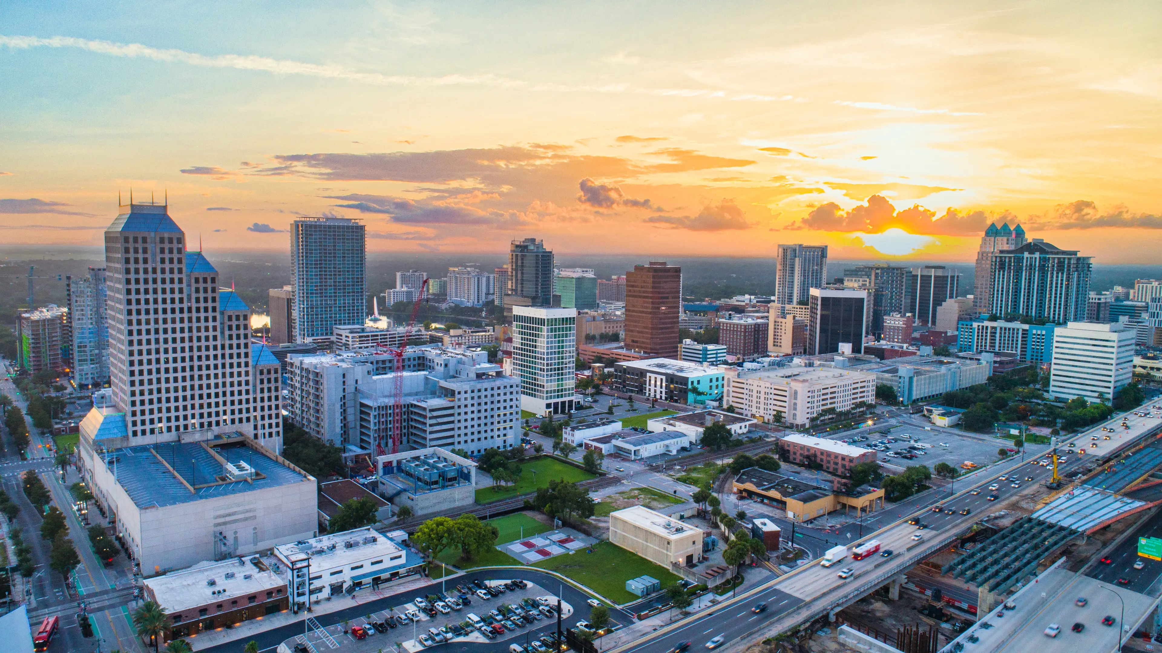 Drone shot of the downtown skyline