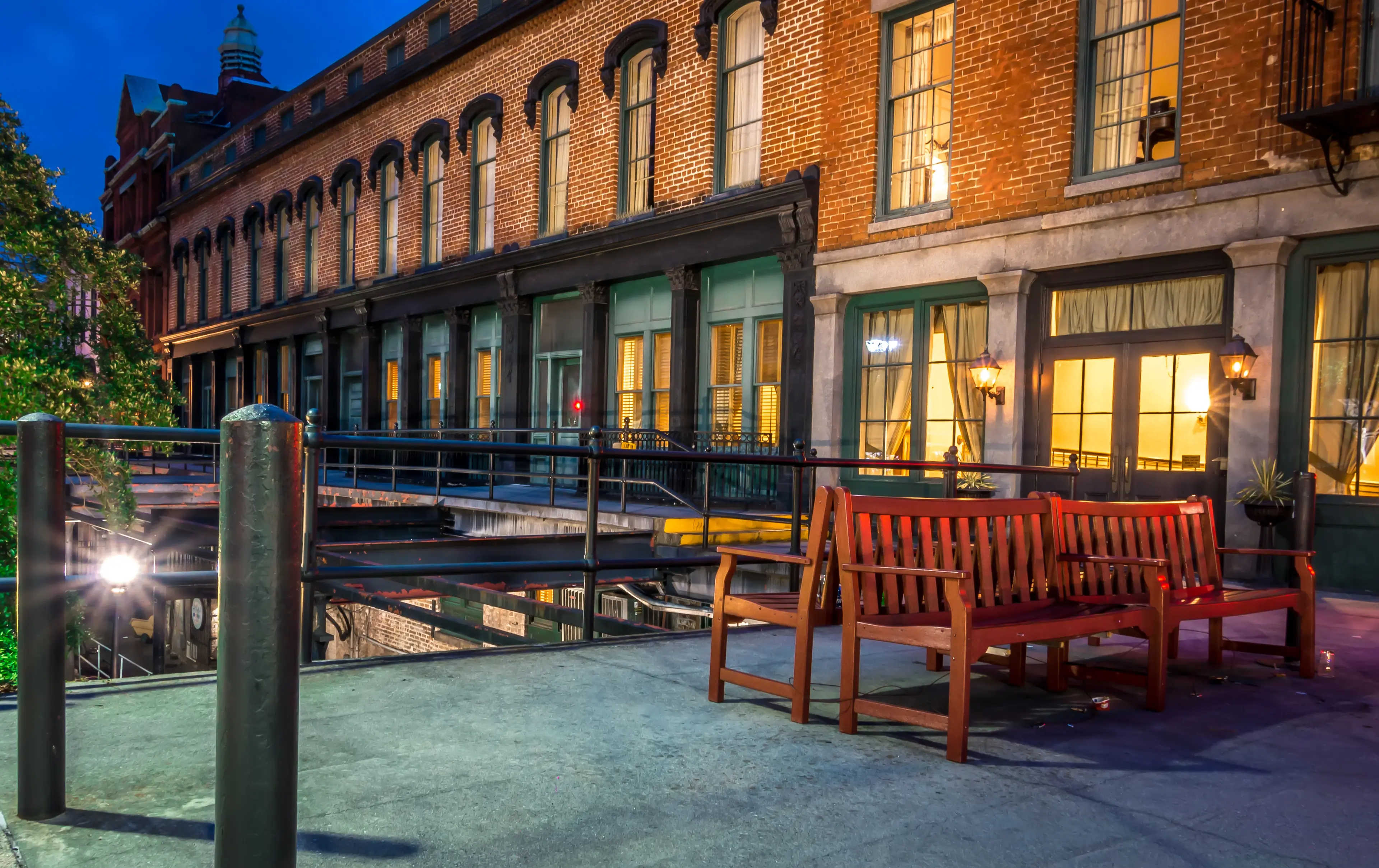 Benches on historic River Street at night