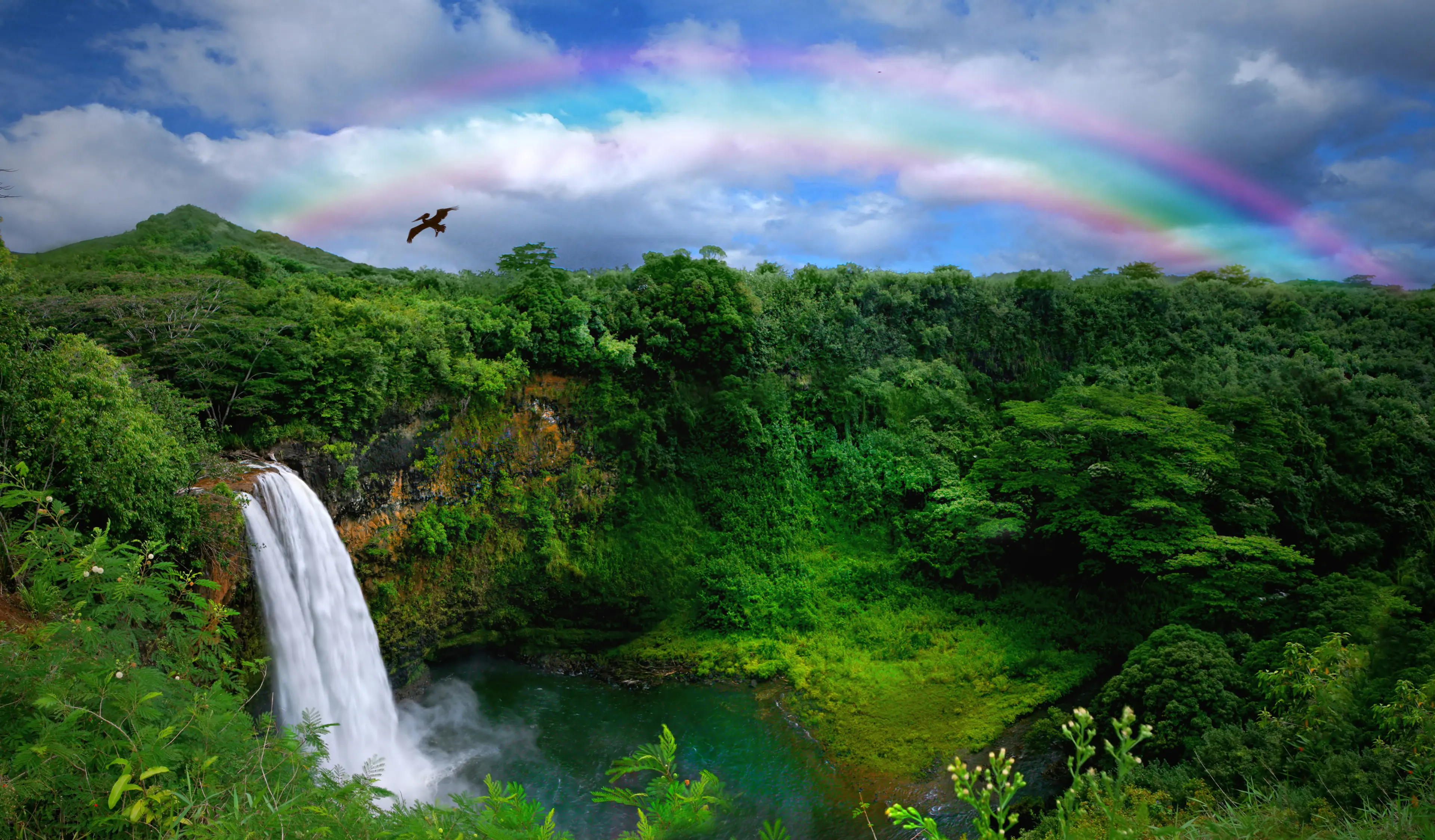 Waterfall and rainbow in Kauai