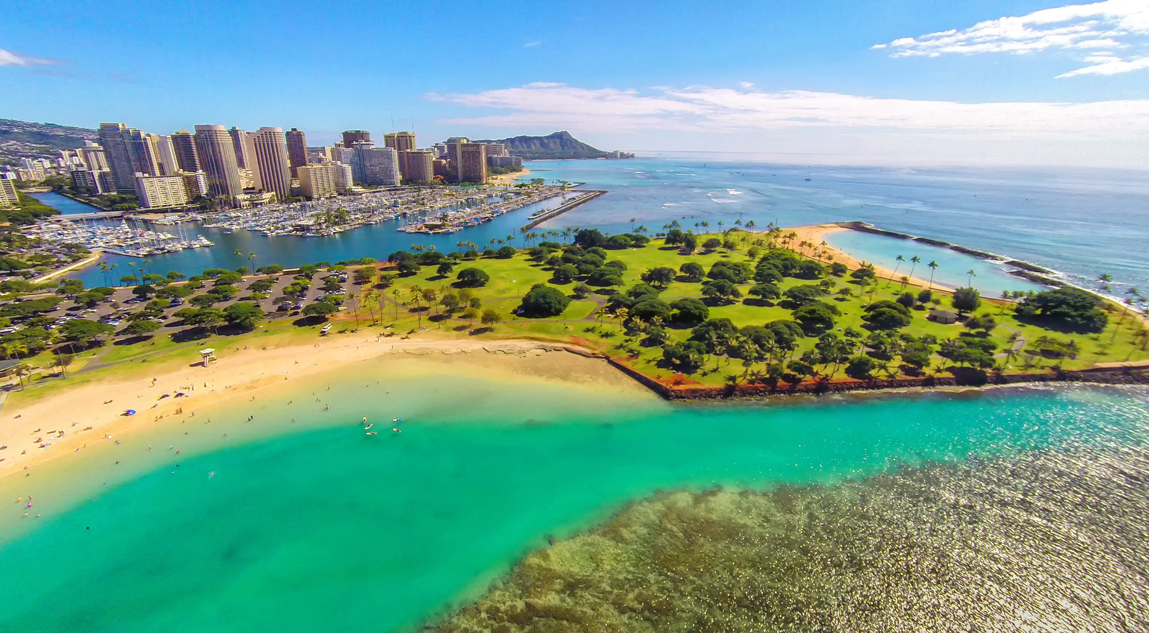 Magic Island Beach Park, Waikiki hotels, and Diamond Head