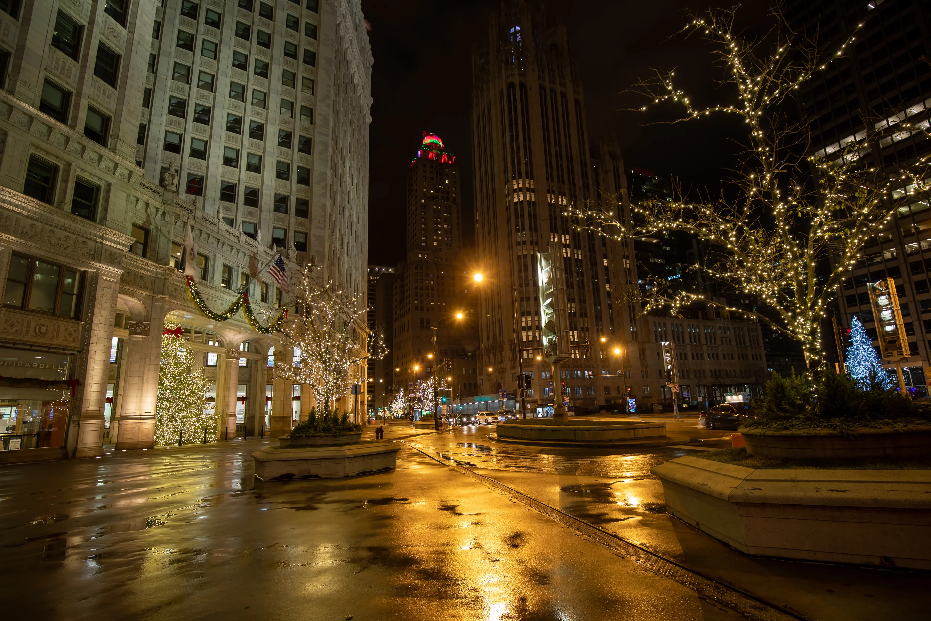 N Michigan Ave at night. Downtown Chicago during Christmas