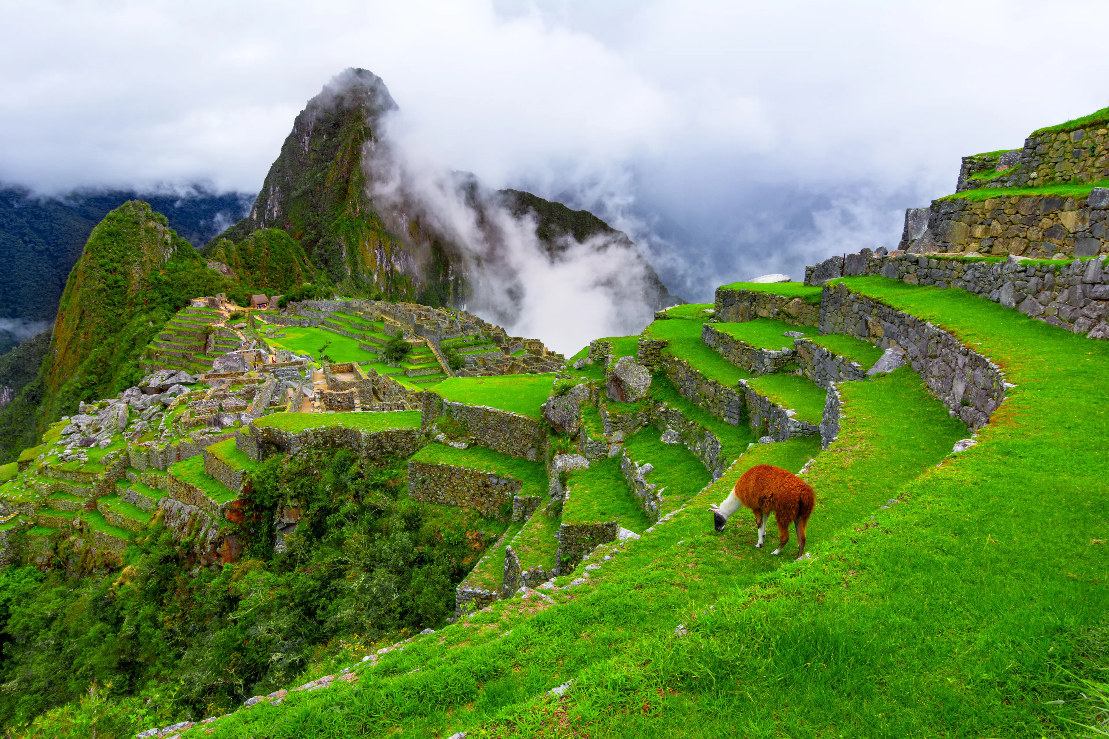 Overview of the lost inca city with Wayna Picchu peak